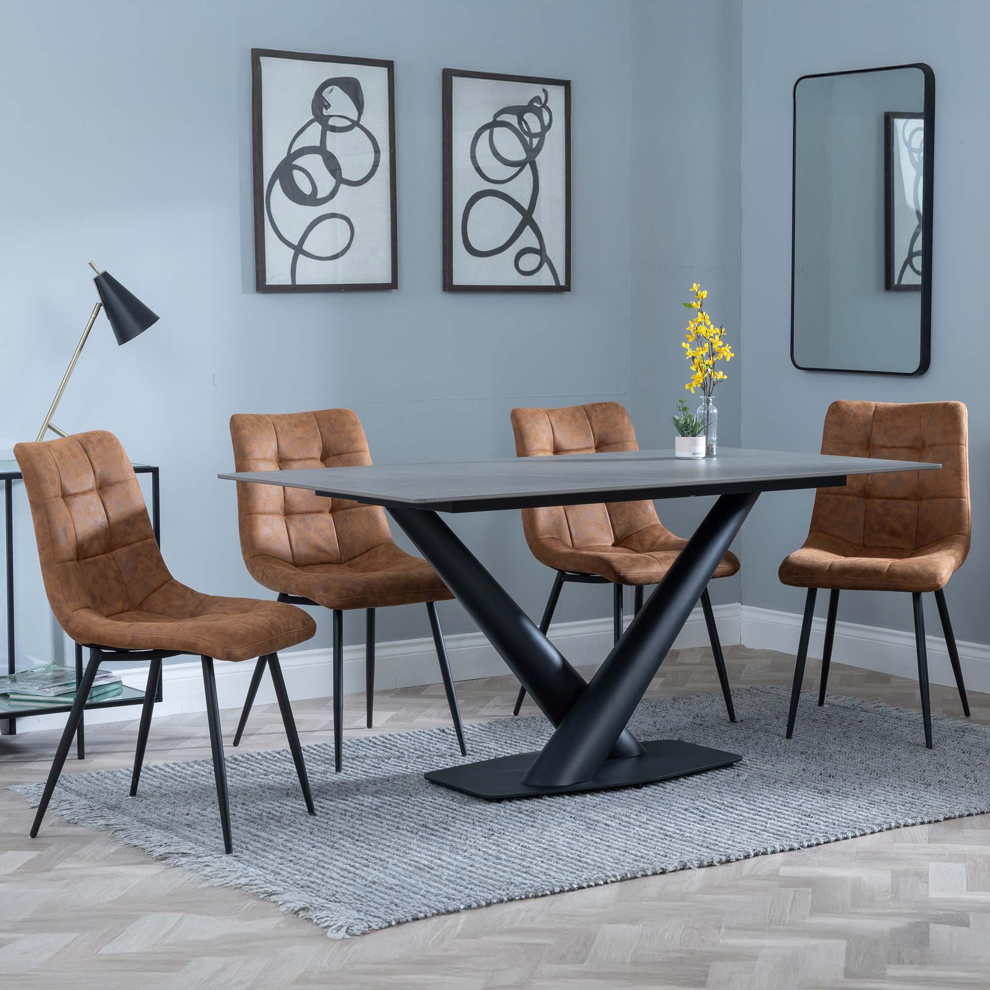 Maldon Grey Ceramic Dining Set - Corona Brown Fabric Dining Chair