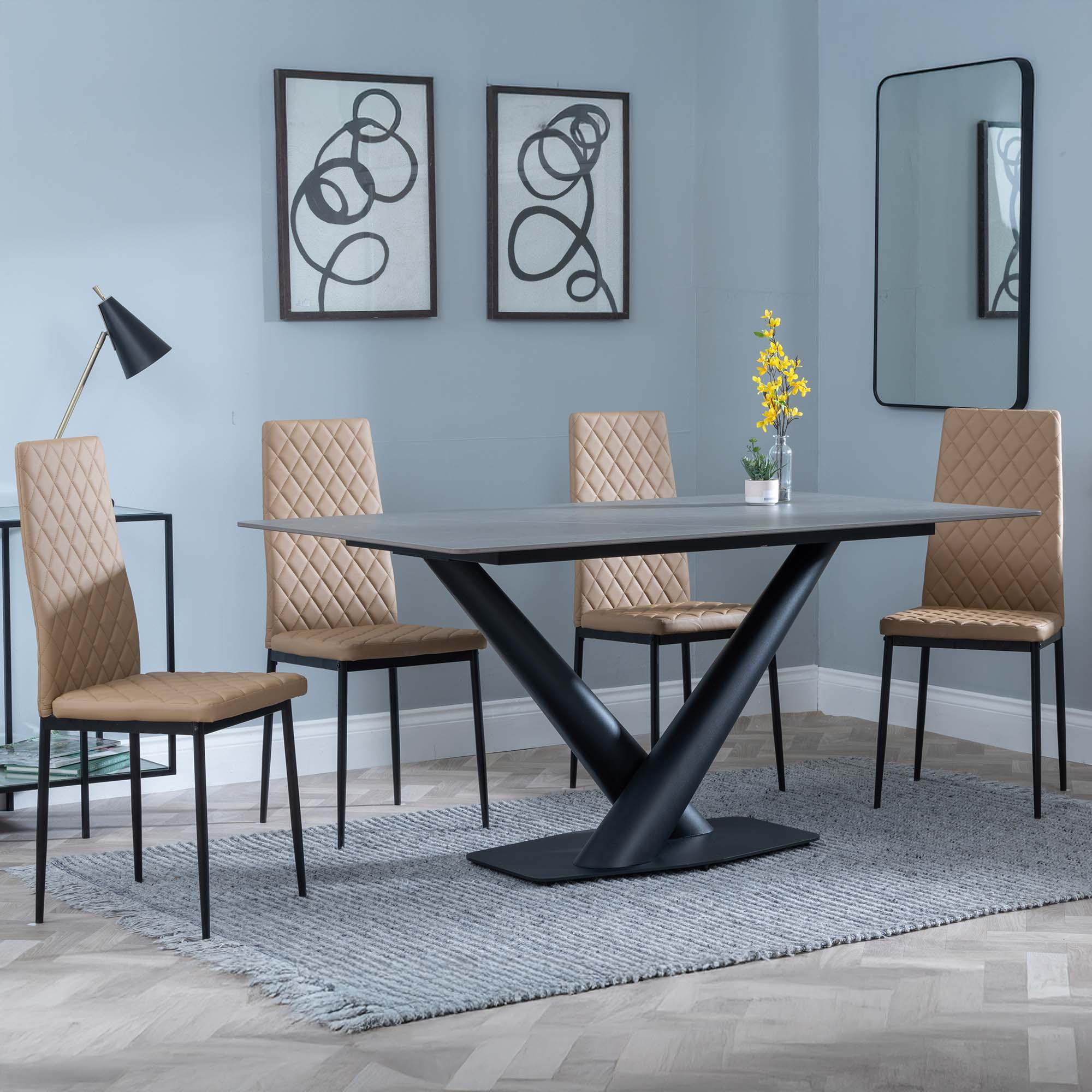 Maldon Grey Ceramic Dining Set - Metro Cappuccino Leather Dining Chair with Black Legs