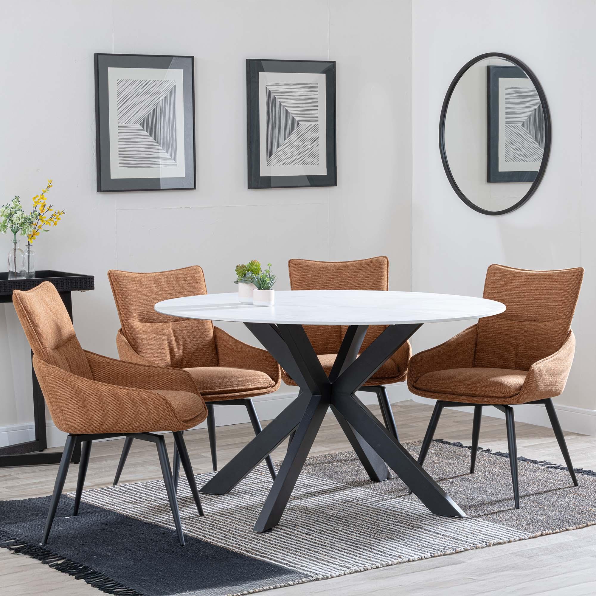 Novara White Ceramic 4 Seater Round Dining Set - 4 Ace Orange Fabric Swivel Dining Chair