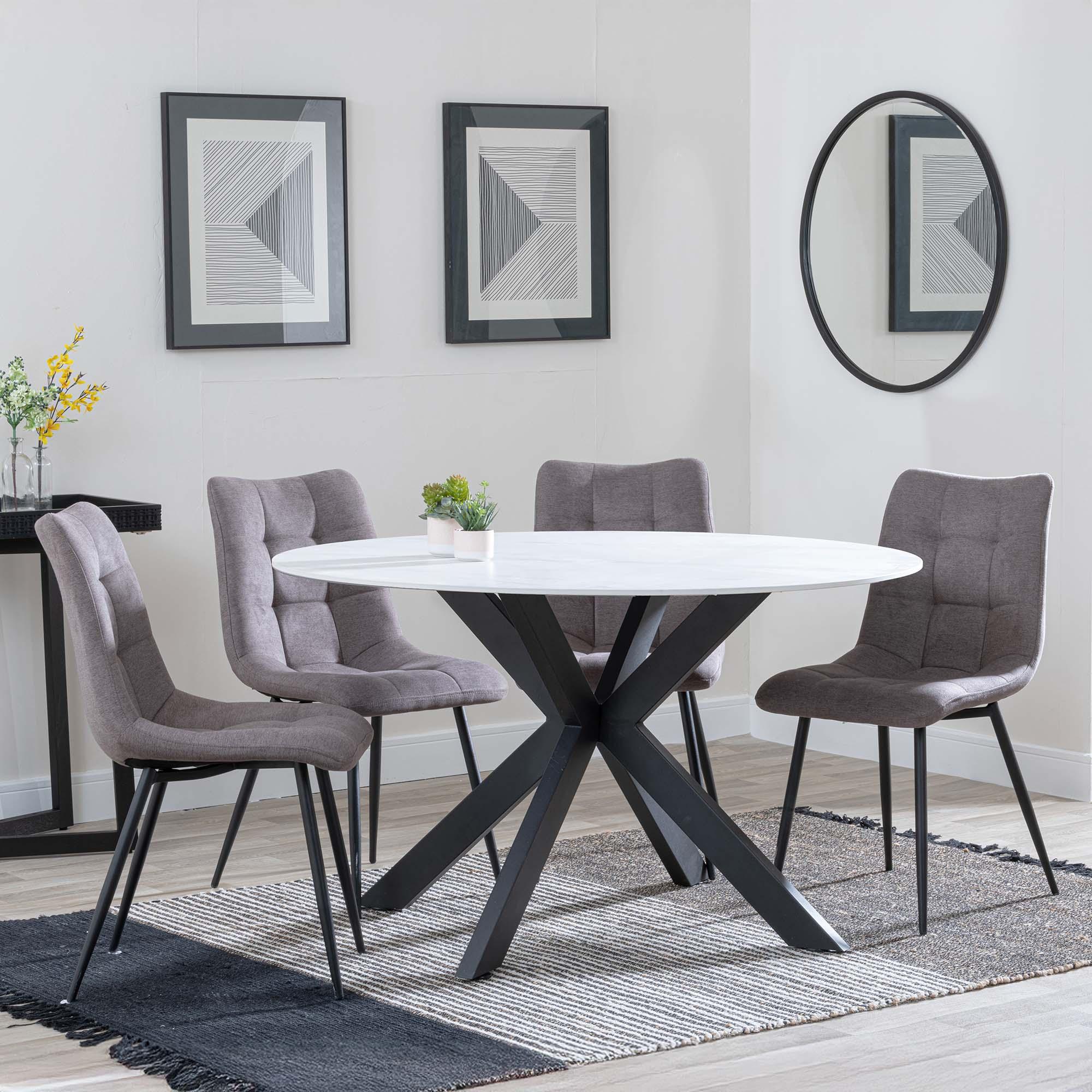 Novara White Ceramic 4 Seater Round Dining Set - 4 Corona Camel Fabric Dining Chair