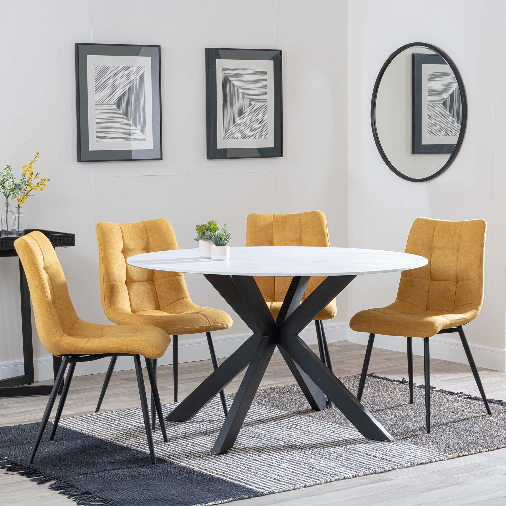 Novara White Ceramic 4 Seater Round Dining Set - 4 Corona Yellow Fabric Dining Chair