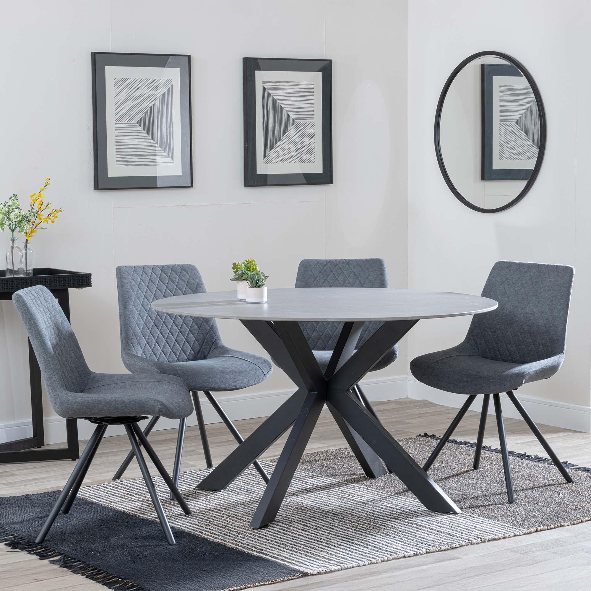Novara Grey Ceramic 4 Seater Round Dining Set - 4 Boden Grey Fabric Swivel Dining Chair