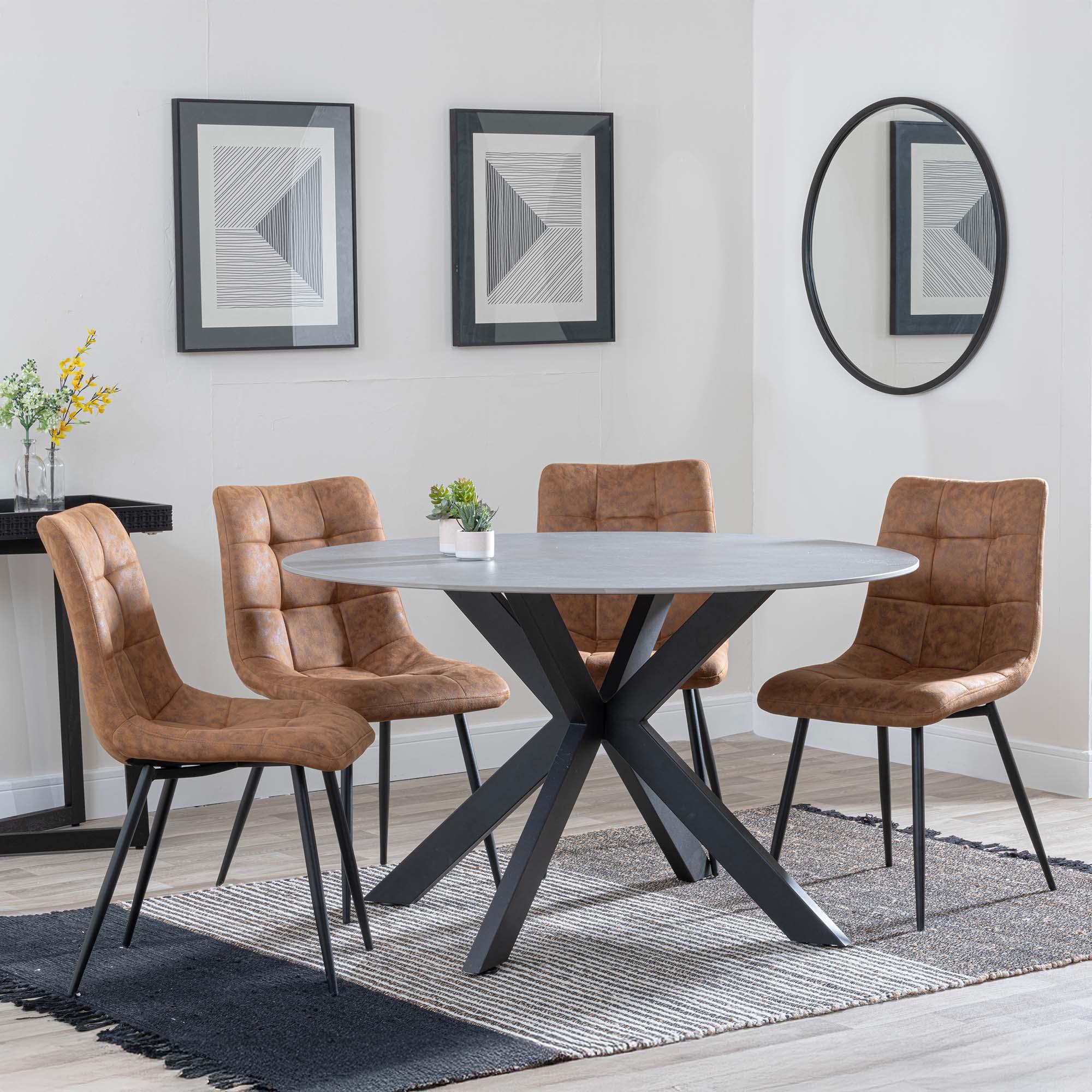 Novara Grey Ceramic 4 Seater Round Dining Set - 4 Corona Brown Fabric Dining Chair