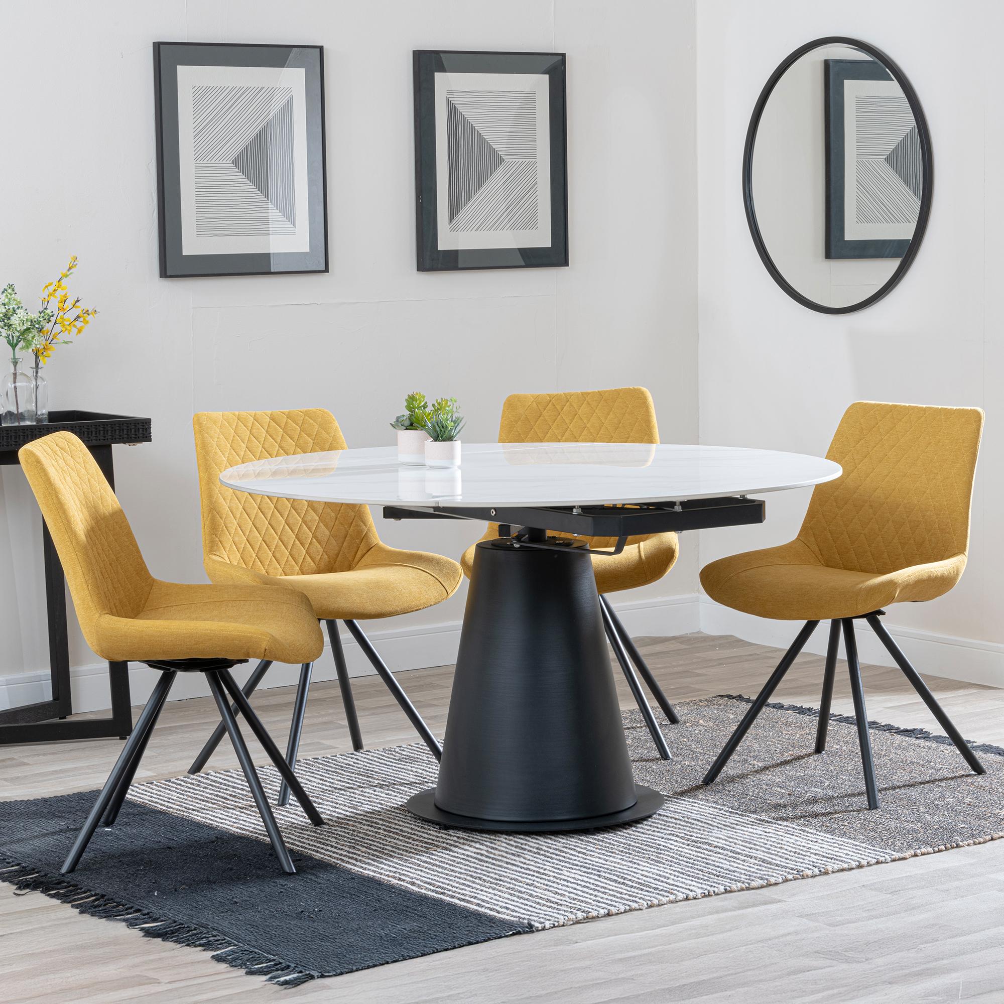 Carrara White Ceramic 4 Seater Round Extending Dining Set - 4 Boden Yellow Fabric Swivel Dining Chair