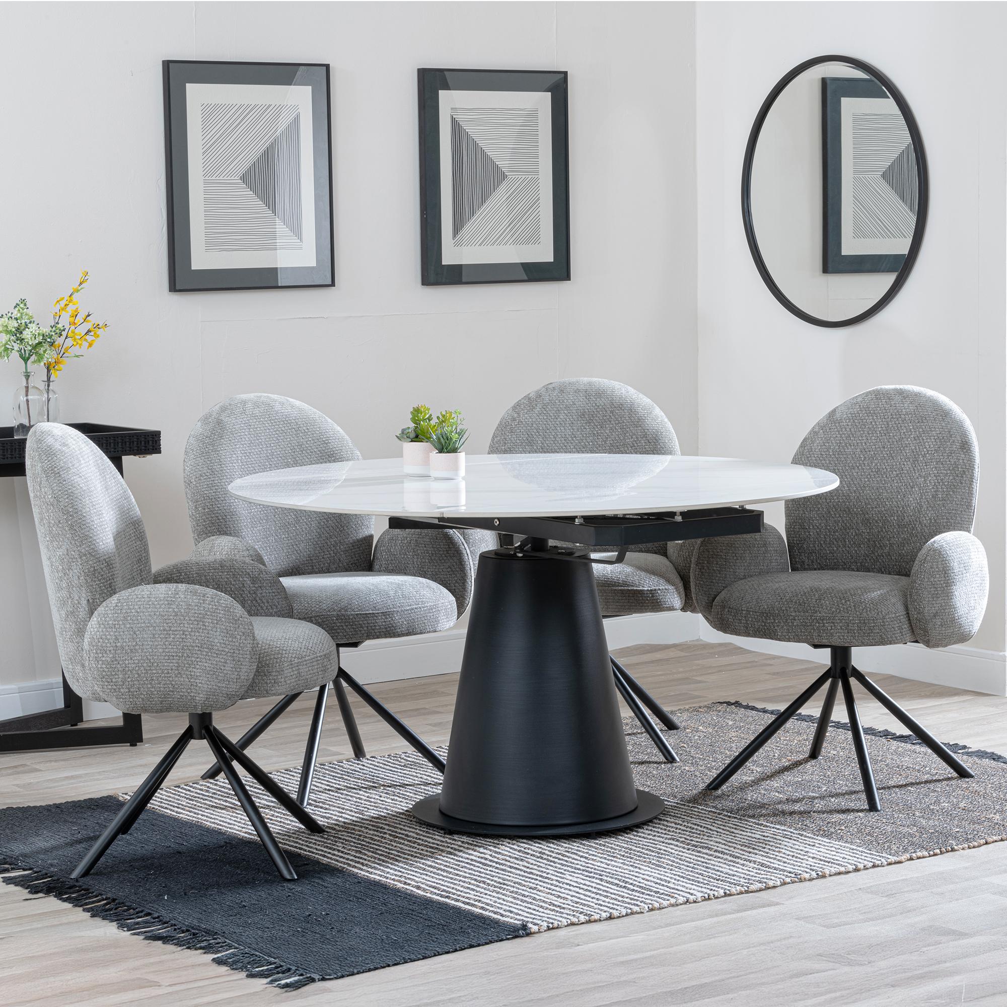Carrara White Ceramic 4 Seater Round Extending Dining Set - 4 Theo Dark Grey Fabric Swivel Dining Chair