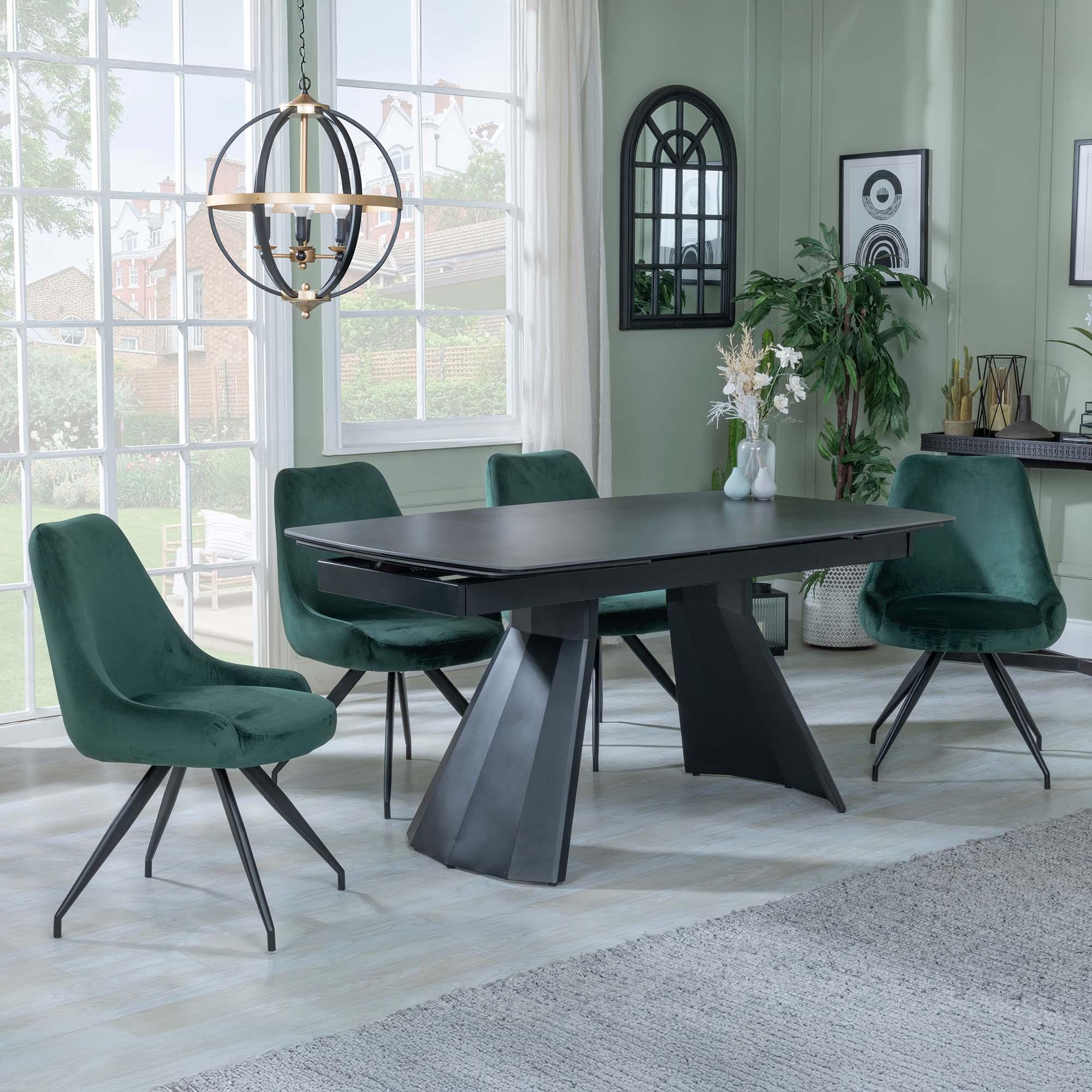 Kinston Black Ceramic Extending Dining Set - Arctic Green Velvet Fabric Swivel Dining Chair