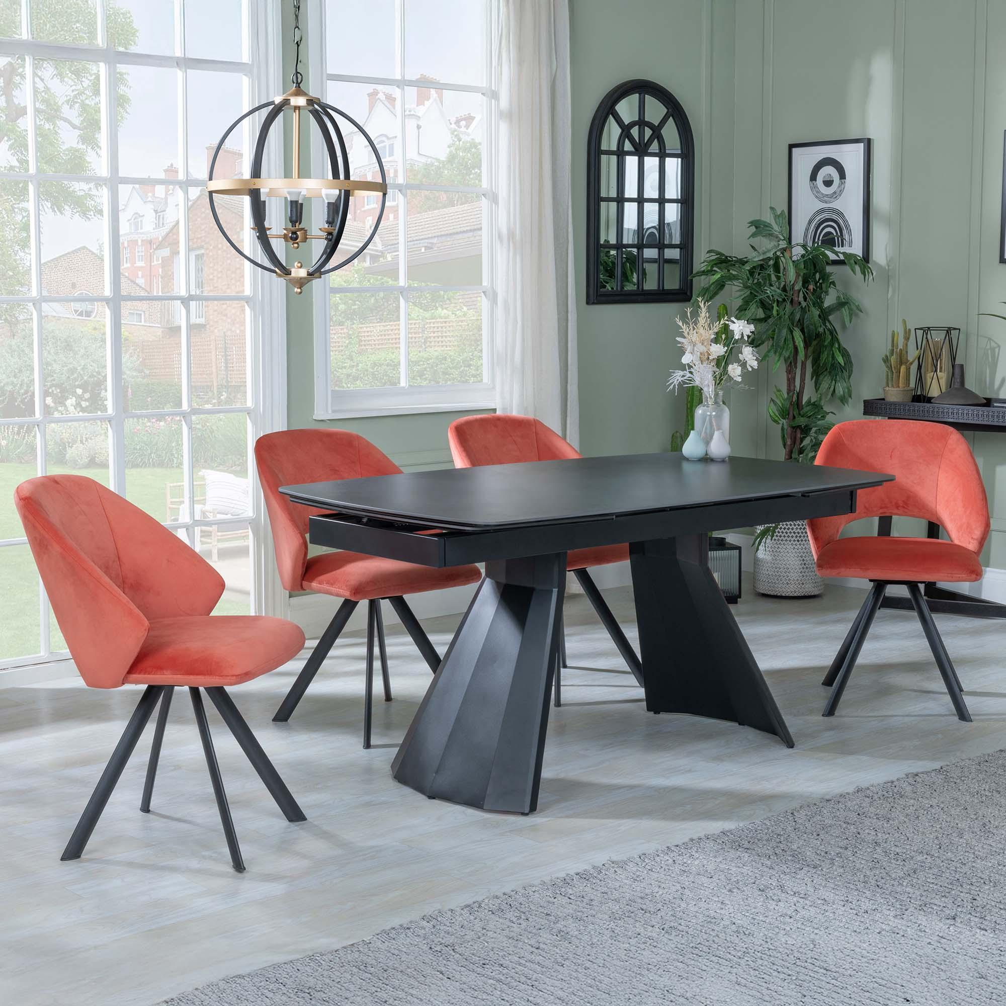 Kinston Black Ceramic Extending Dining Set - Ion Orange Velvet Fabric Swivel Dining Chair