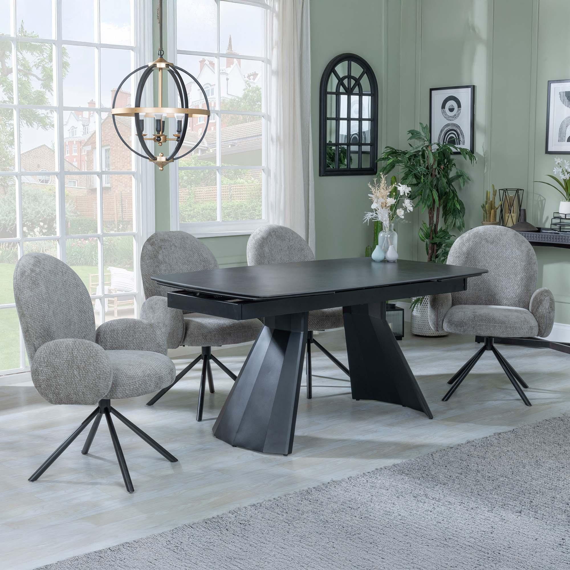 Kinston Black Ceramic Extending Dining Set - Theo Dark Grey Fabric Swivel Dining Chair