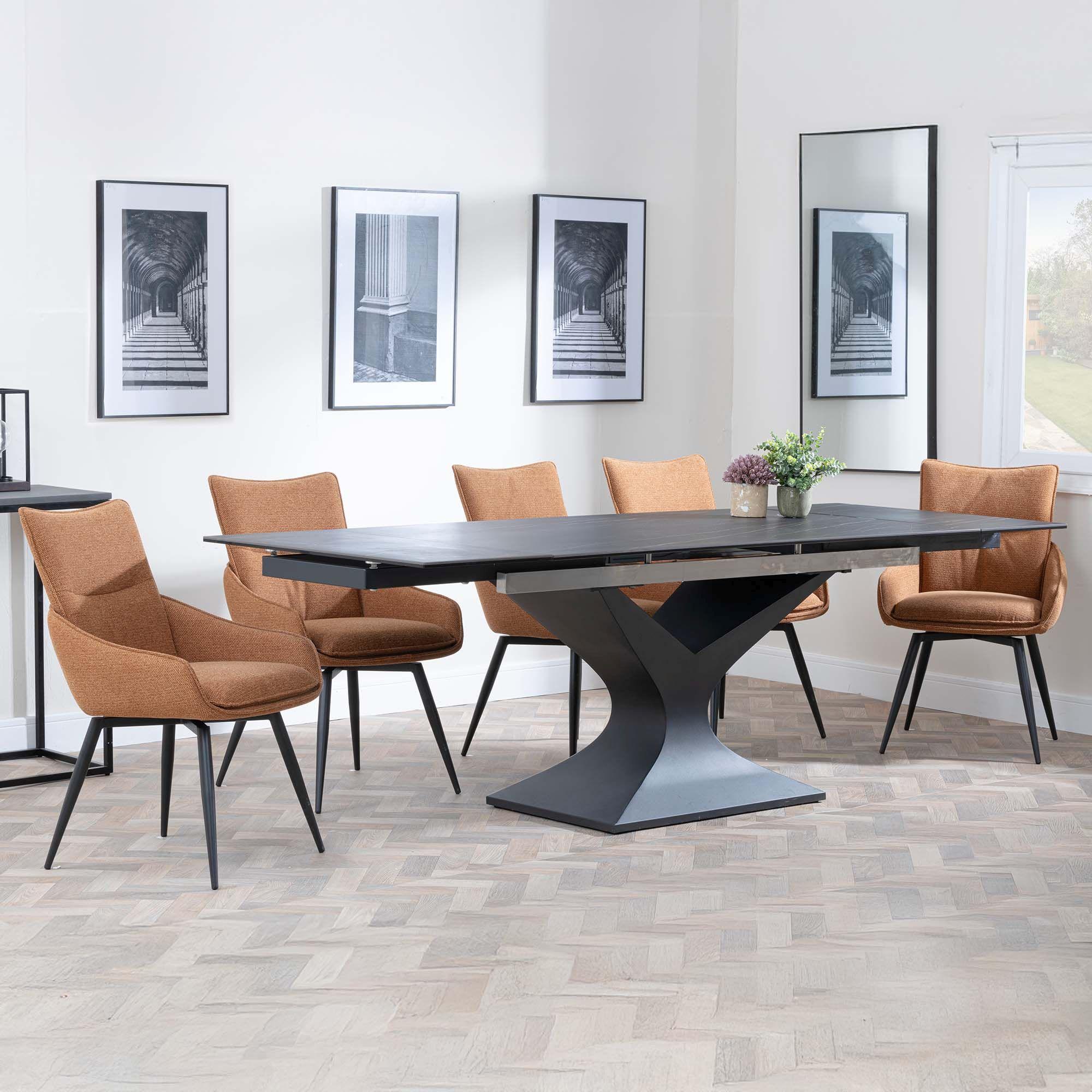 GET 2 CHAIRS FREE - Anvik Black Ceramic Extending Dining Set - Ace Orange Fabric Swivel Dining Chair