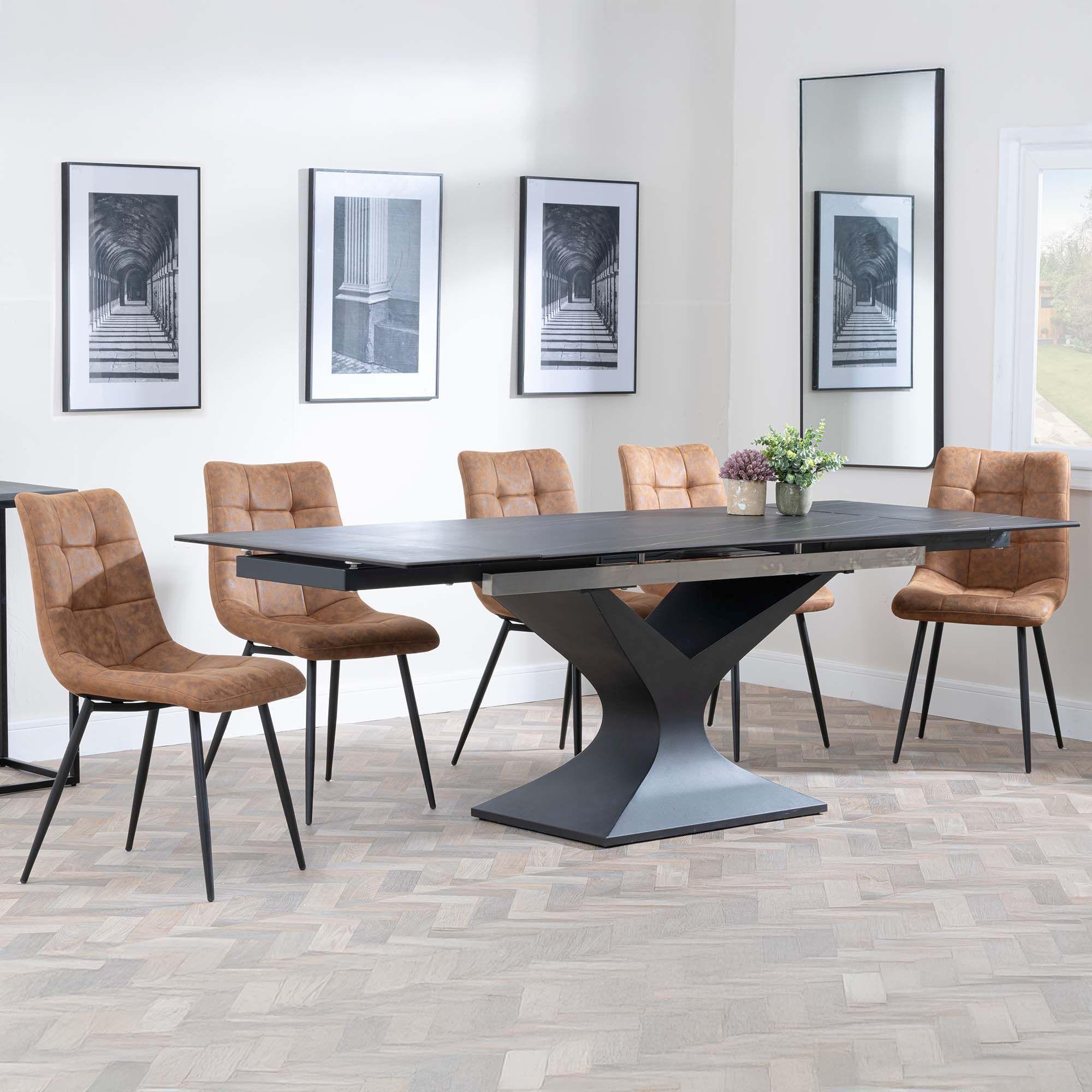 Anvik Black Ceramic Extending Dining Set - Corona Brown Fabric Dining Chair