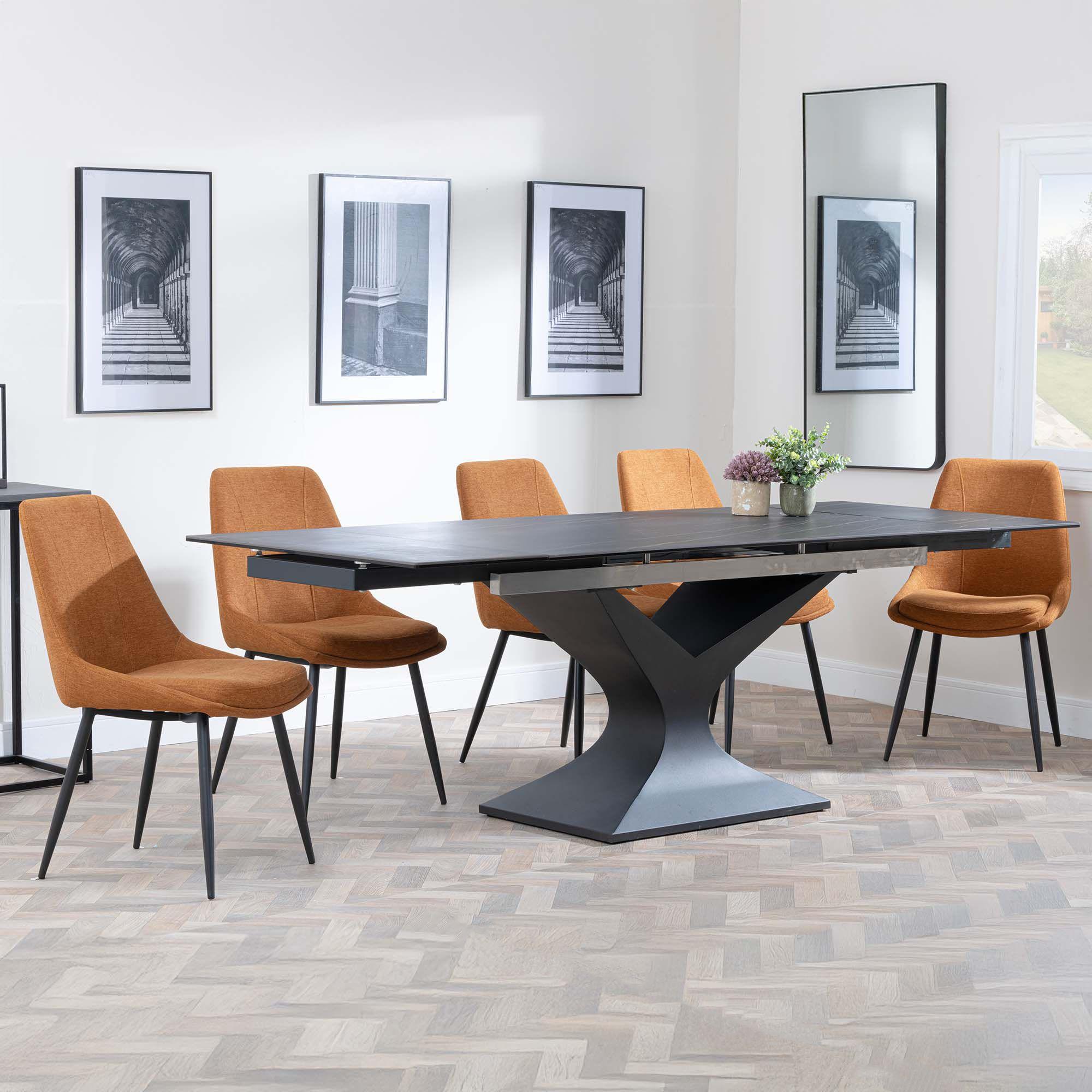 Anvik Black Ceramic Extending Dining Set - Darwin Orange Fabric Dining Chair