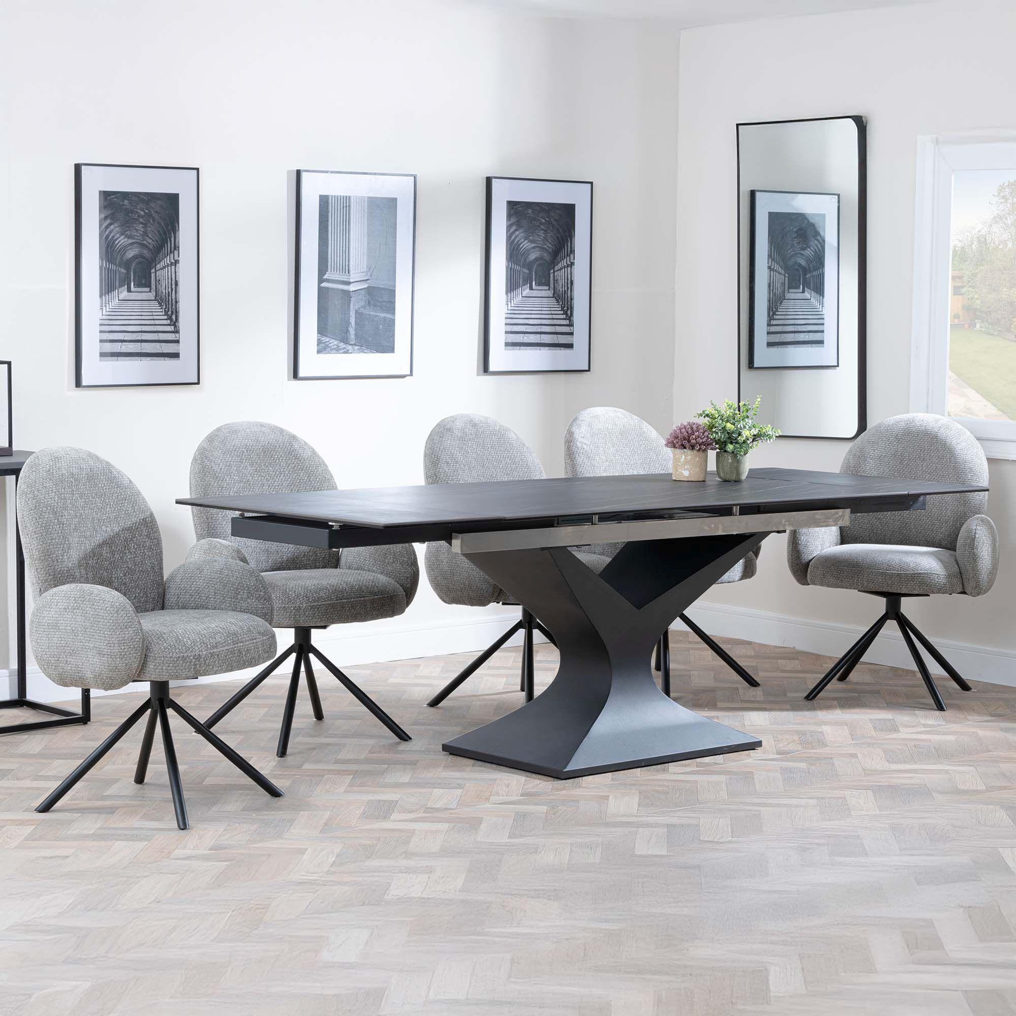 Anvik Black Ceramic Extending Dining Set - Theo Dark Grey Fabric Swivel Dining Chair