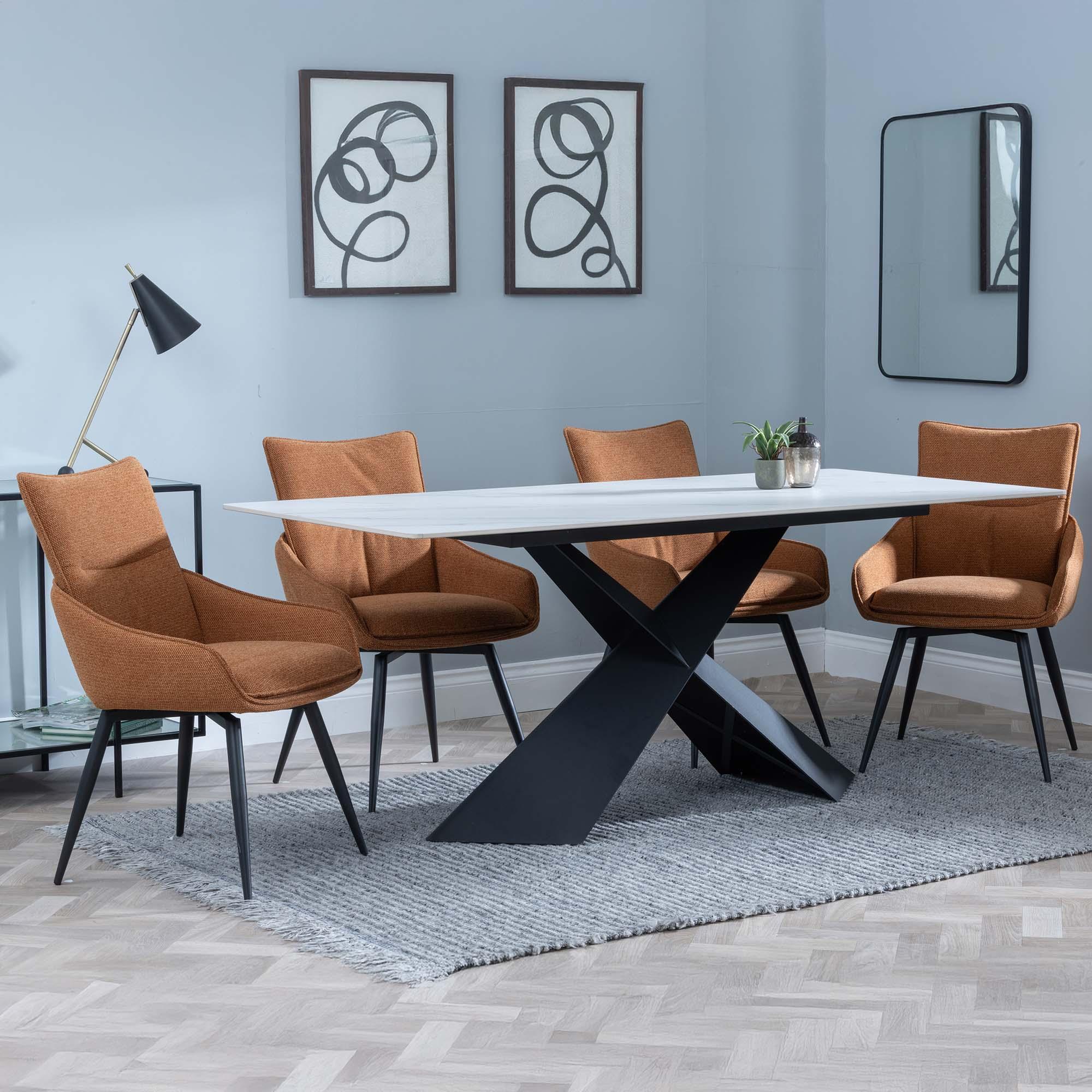 GET 2 CHAIRS FREE - Merlin White Ceramic Dining Set - Ace Orange Fabric Swivel Dining Chair