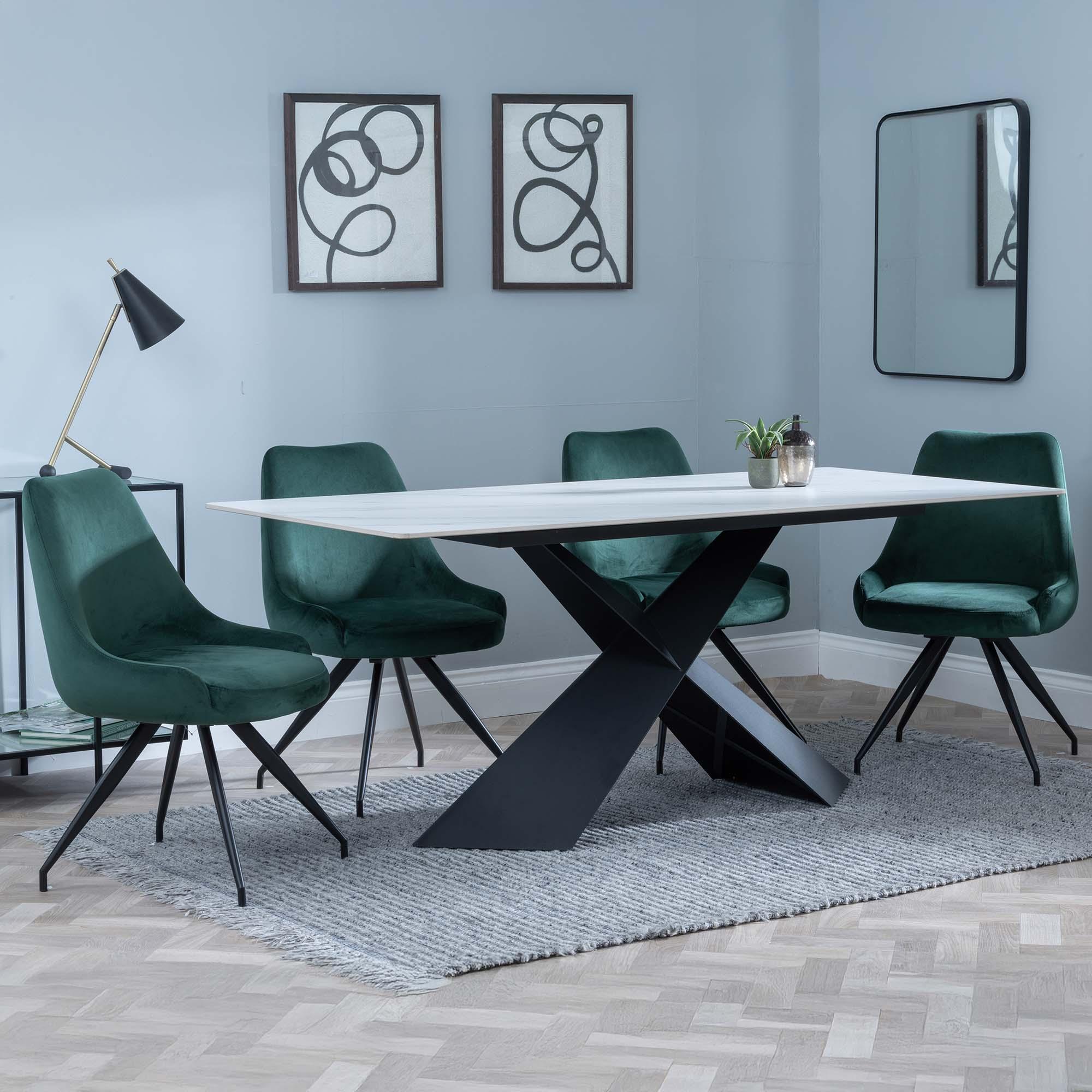 GET 2 CHAIRS FREE - Merlin White Ceramic Dining Set - Arctic Green Velvet Fabric Swivel Dining Chair