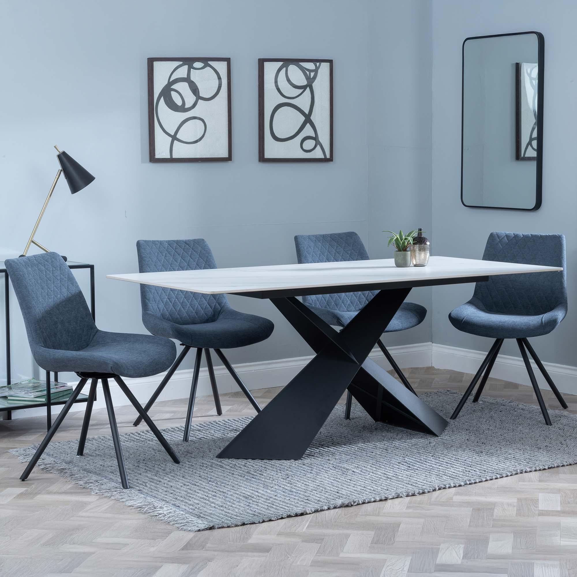 GET 2 CHAIRS FREE - Merlin White Ceramic Dining Set - Boden Dark Grey Fabric Swivel Dining Chair