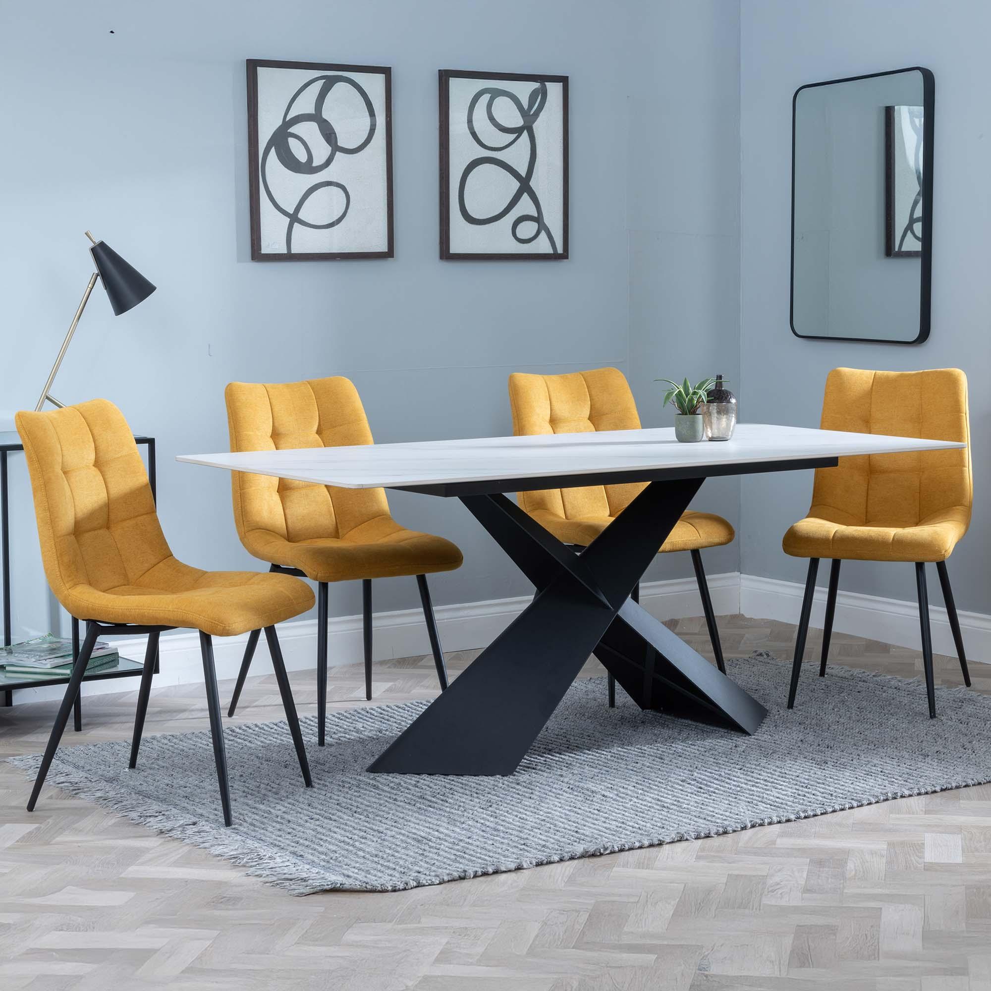 GET 2 CHAIRS FREE - Merlin White Ceramic Dining Set - Corona Yellow Fabric Dining Chair