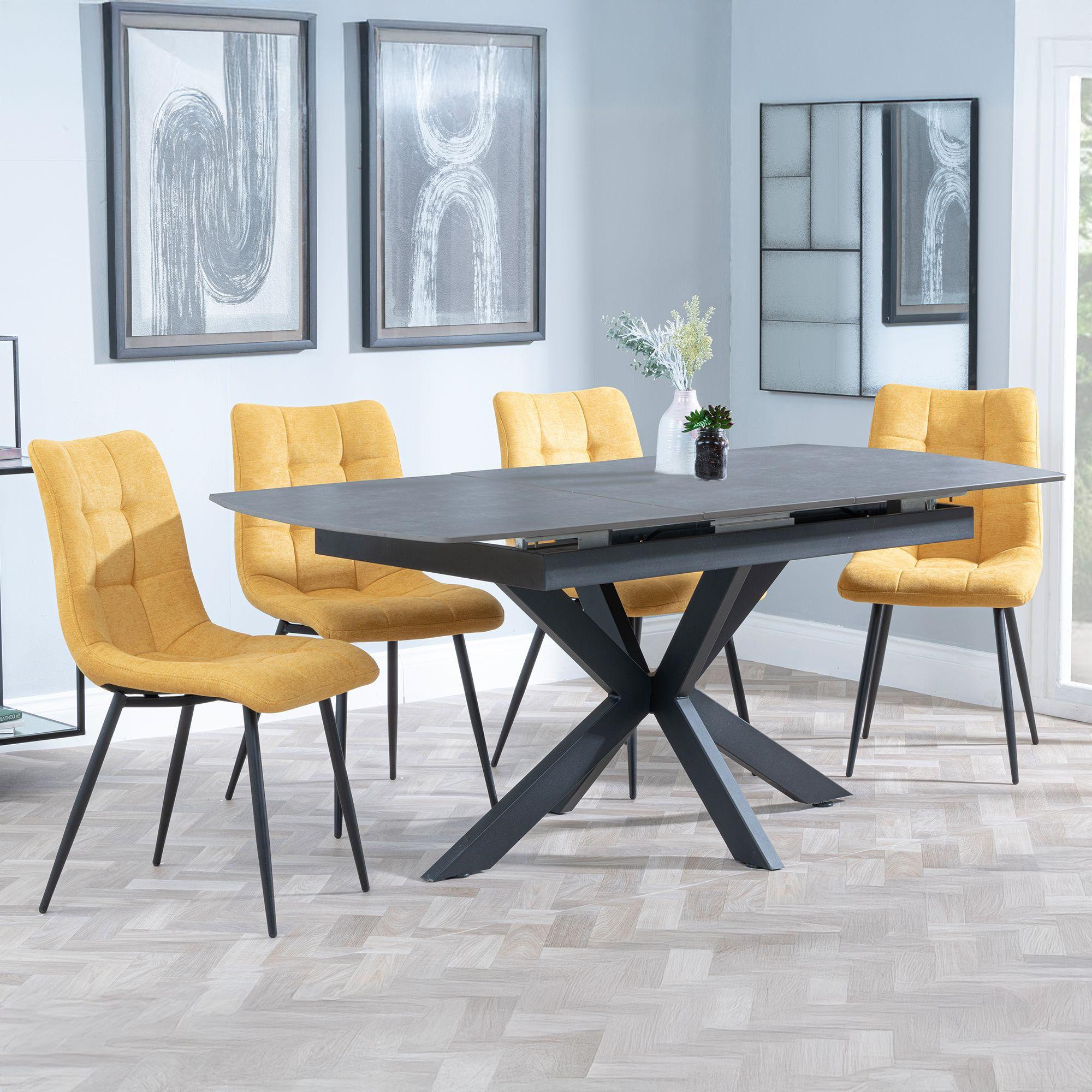 GET 2 CHAIRS FREE - Bari Grey Ceramic Extending Dining Set - Corona Yellow Fabric Dining Chair