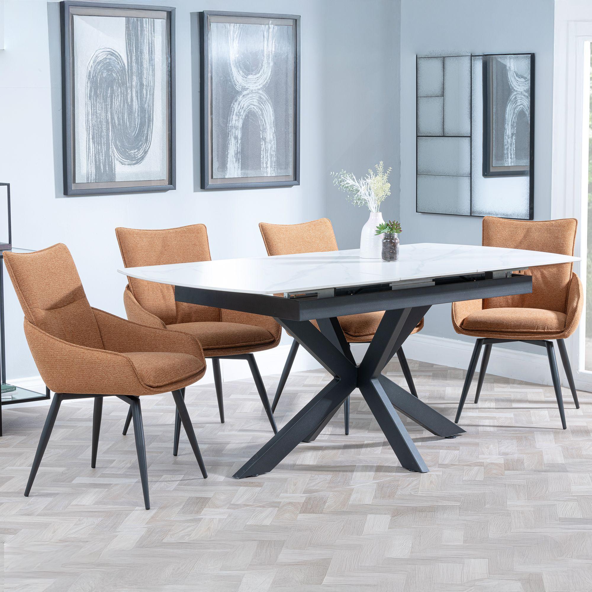 GET 2 CHAIRS FREE - Bari White Ceramic Extending Dining Set - Ace Orange Fabric Swivel Dining Chair