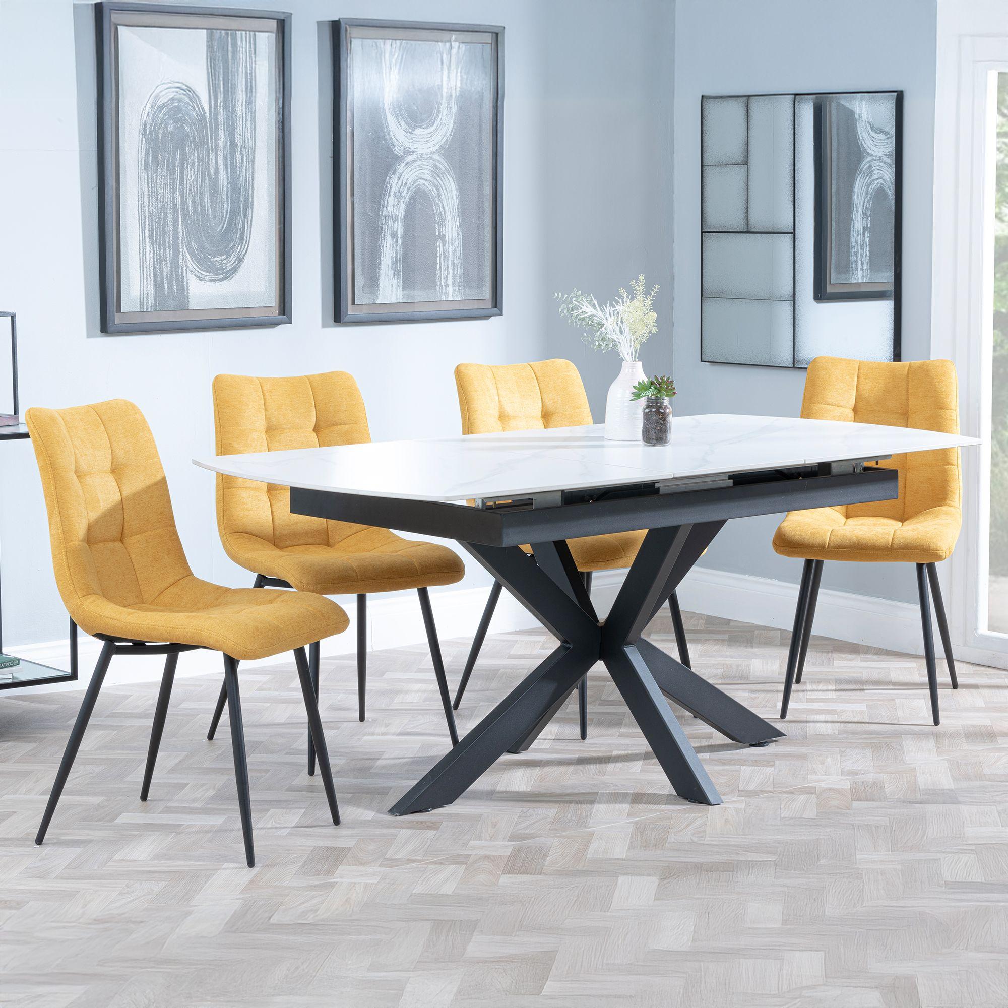 GET 2 CHAIRS FREE - Bari White Ceramic Extending Dining Set - Corona Yellow Fabric Dining Chair