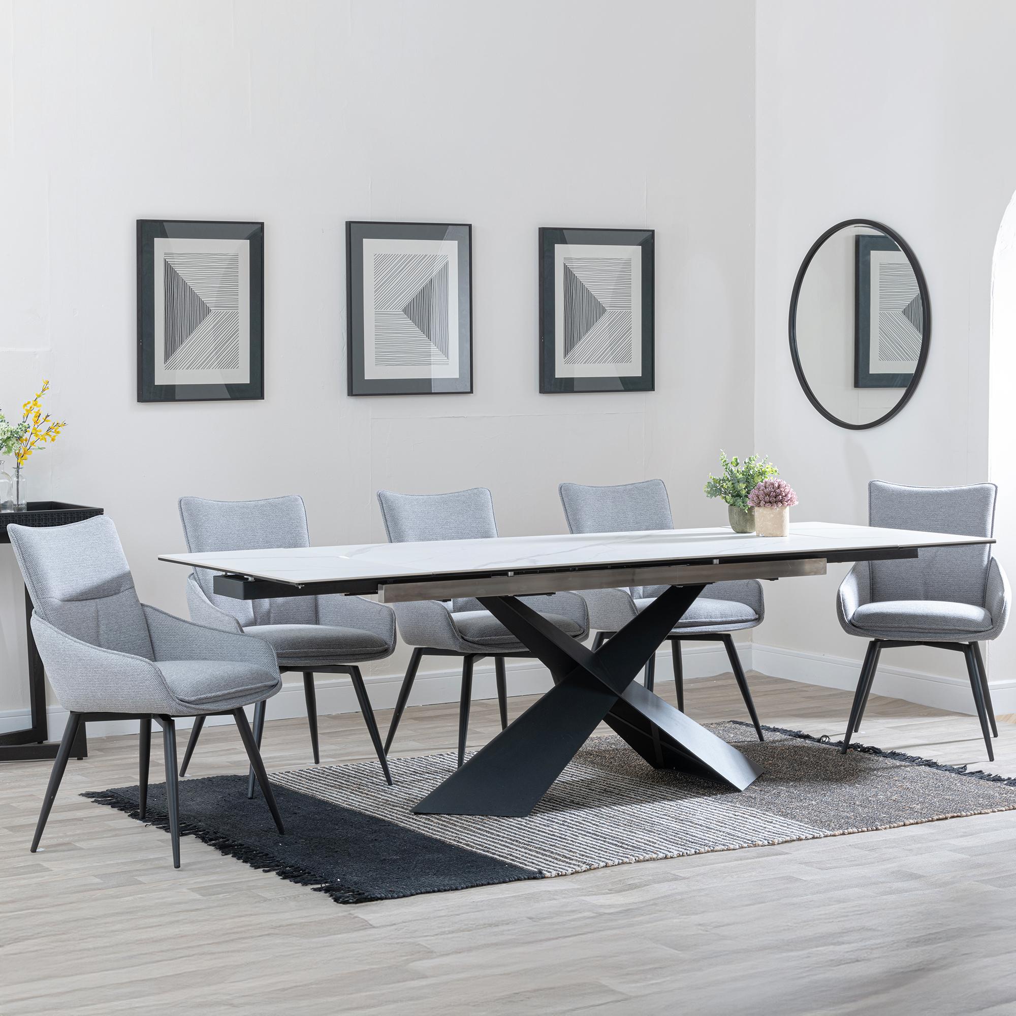 Hayden White Ceramic Extending Dining Set - Ace Grey Fabric Swivel Dining Chair