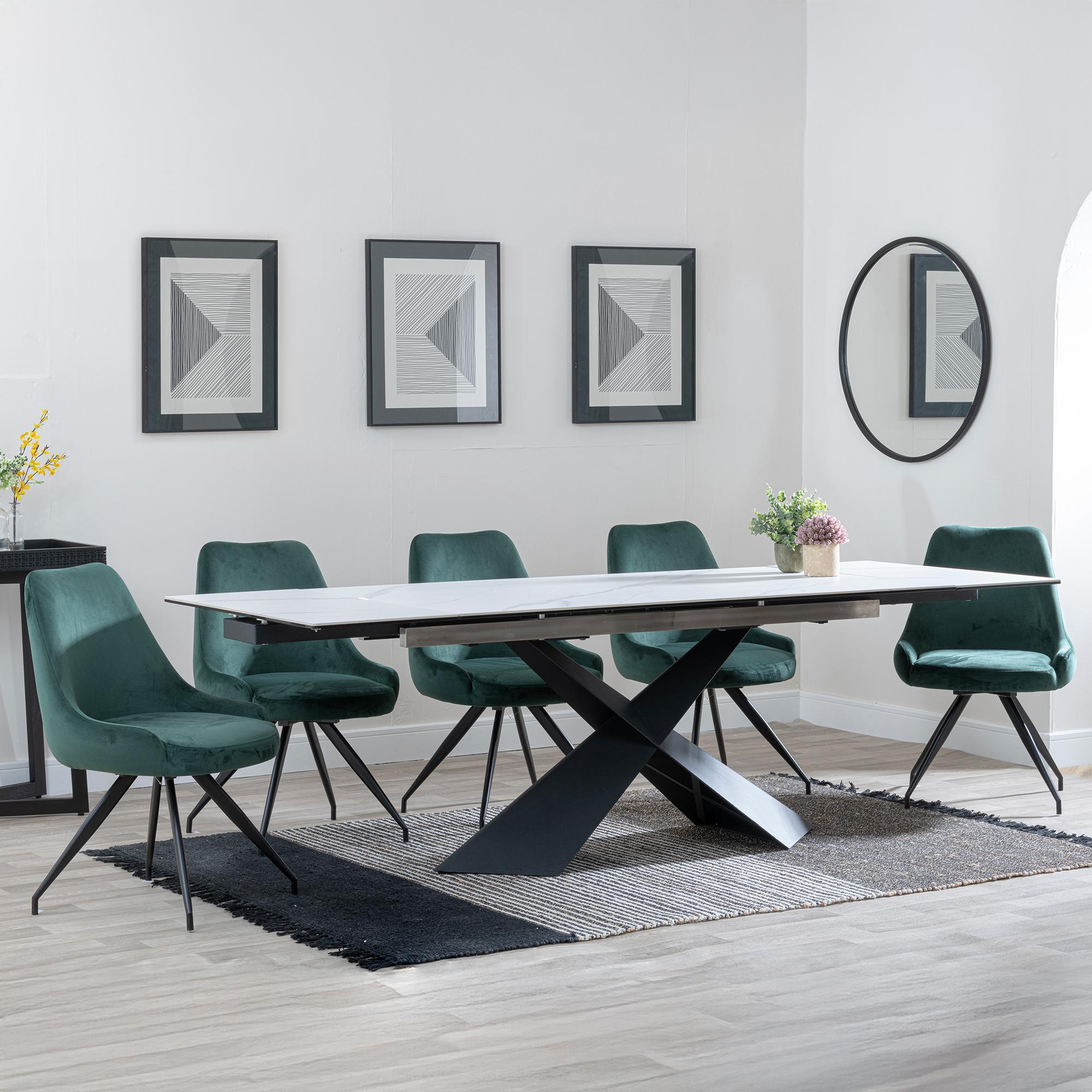 Hayden White Ceramic Extending Dining Set - Arctic Green Velvet Fabric Swivel Dining Chair