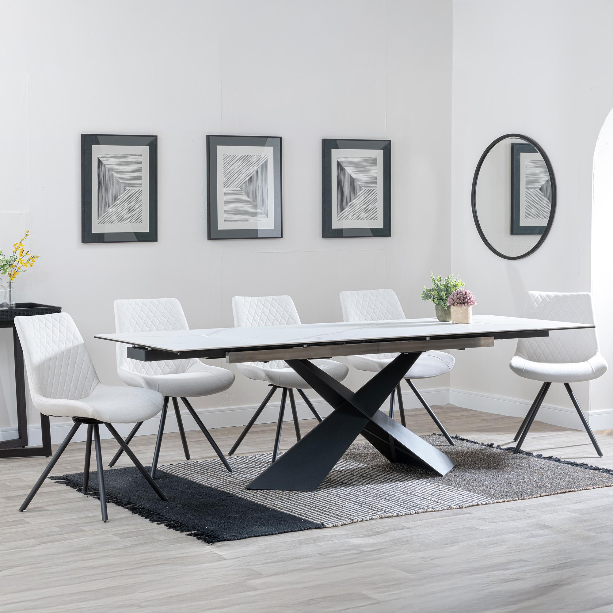 Hayden White Ceramic Extending Dining Set - Boden Cream Fabric Swivel Dining Chair