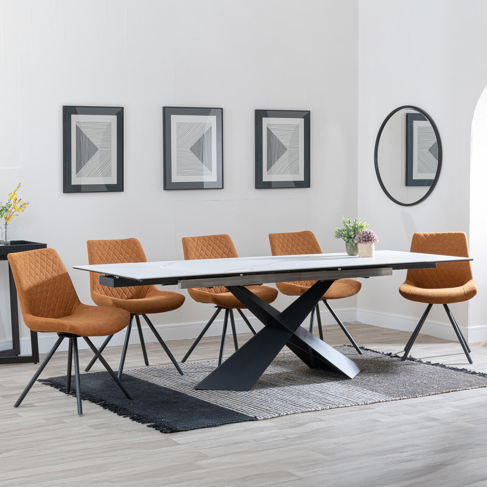 Hayden White Ceramic Extending Dining Set - Boden Orange Fabric Swivel Dining Chair