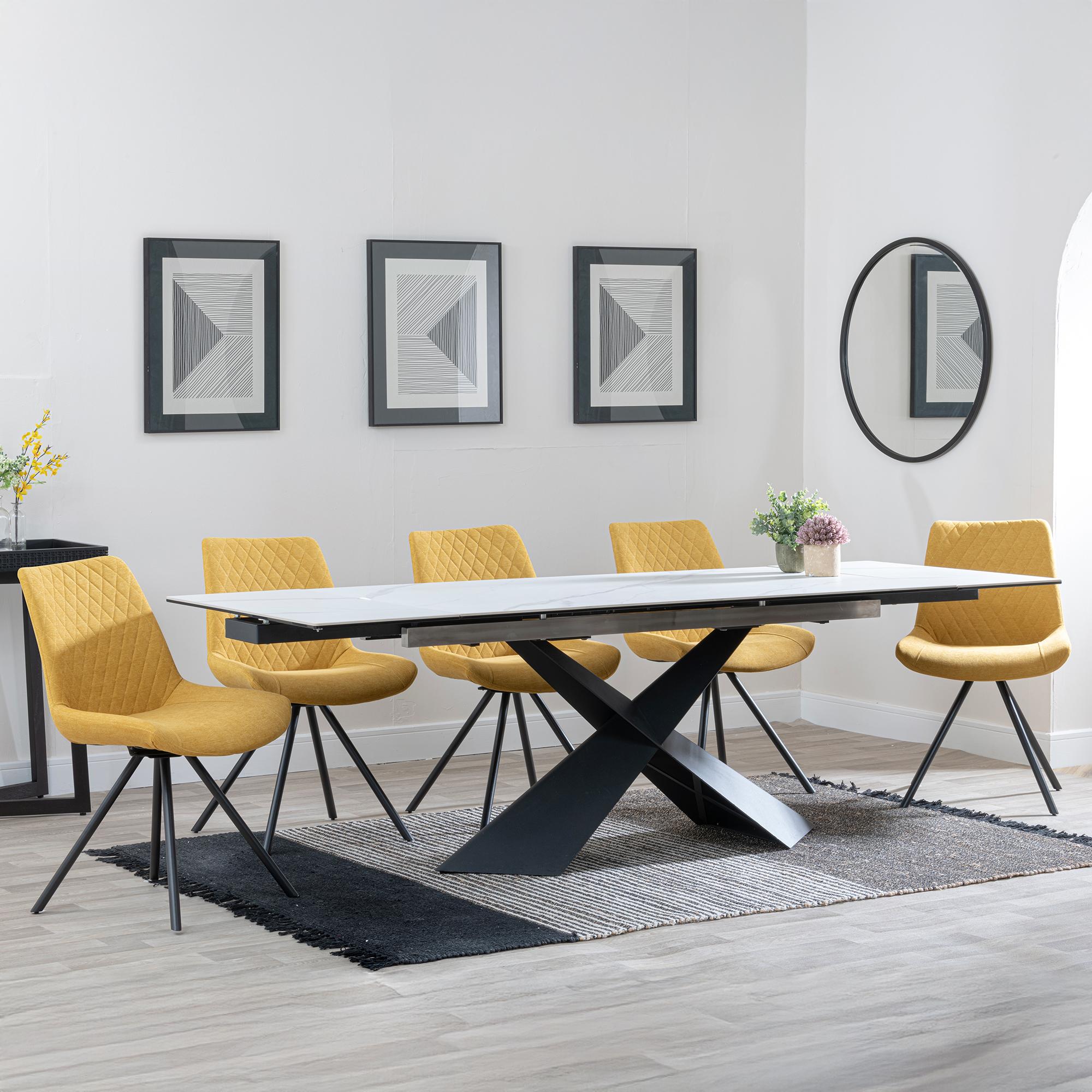 Hayden White Ceramic Extending Dining Set - Boden Yellow Fabric Swivel Dining Chair