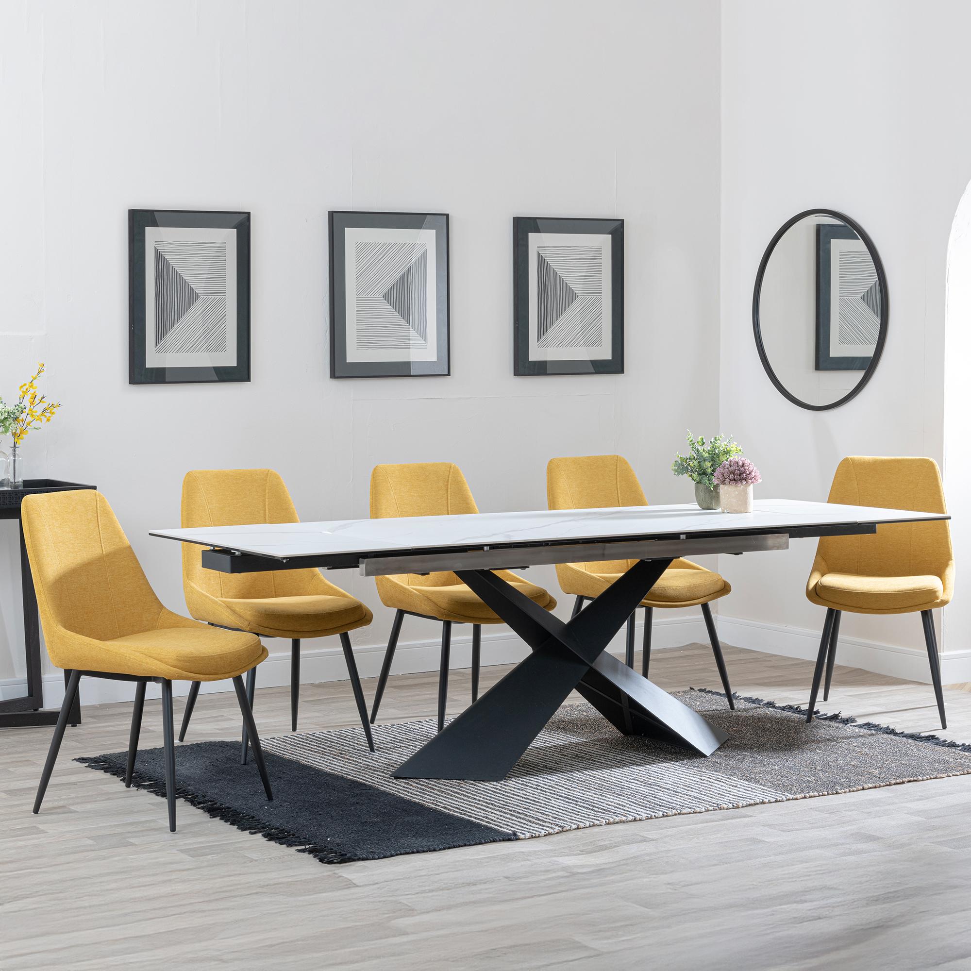 Hayden White Ceramic Extending Dining Set - Darwin Yellow Fabric Dining Chair