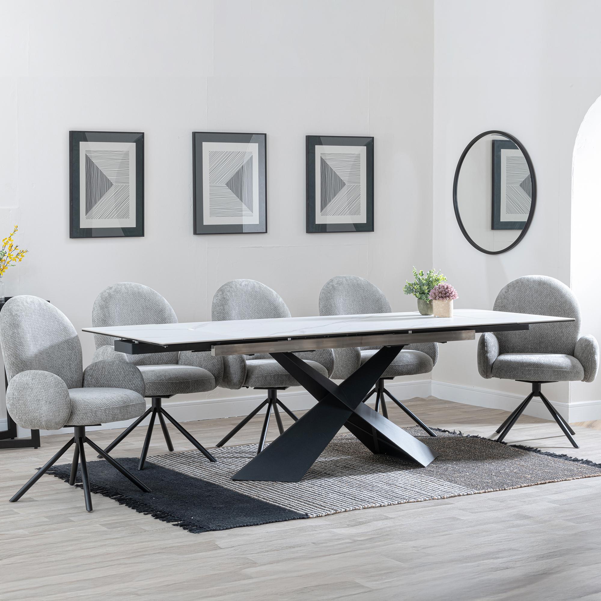 Hayden White Ceramic Extending Dining Set - Theo Dark Grey Fabric Swivel Dining Chair