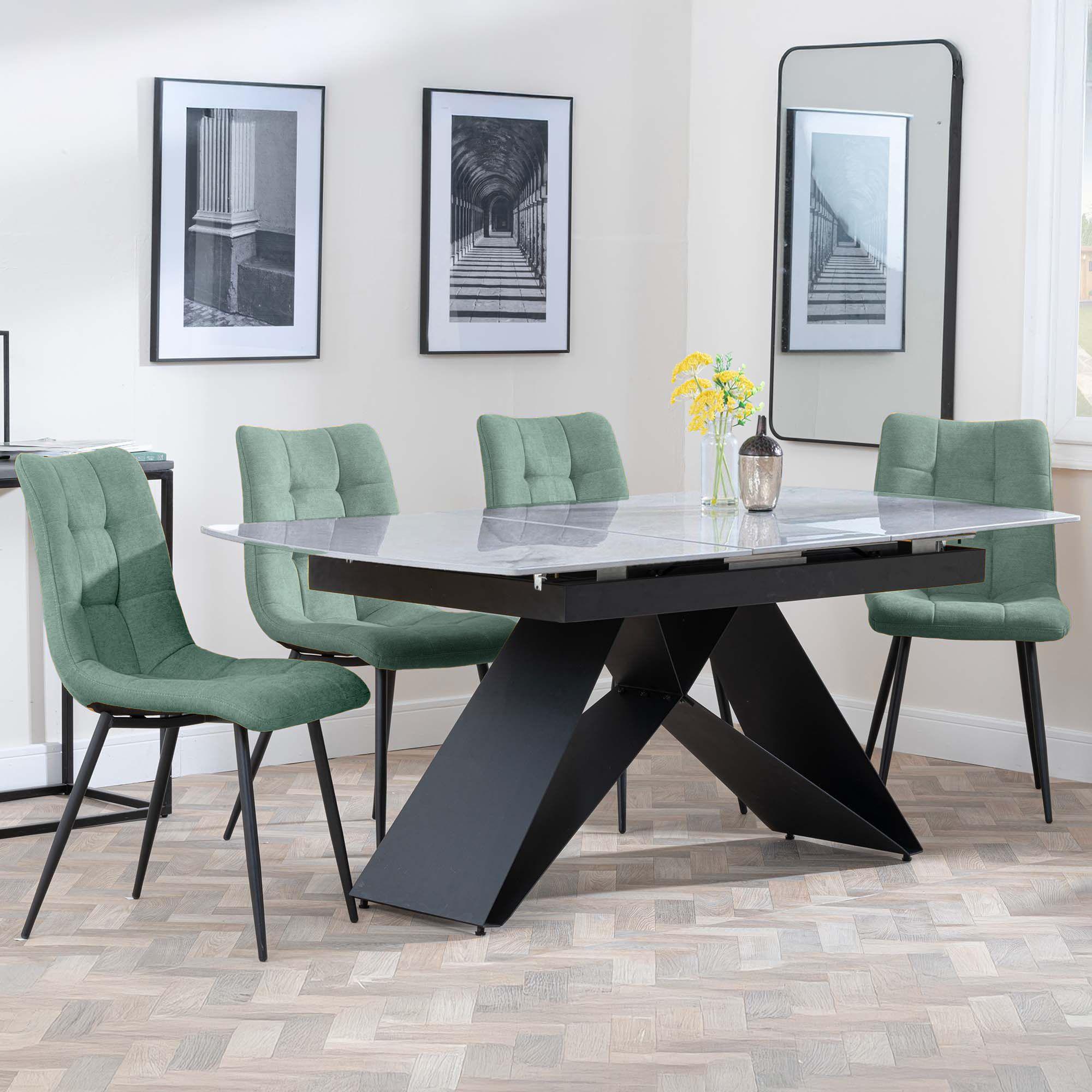 Westin Grey Ceramic Extending Dining Set - Corona Green Fabric Dining Chair