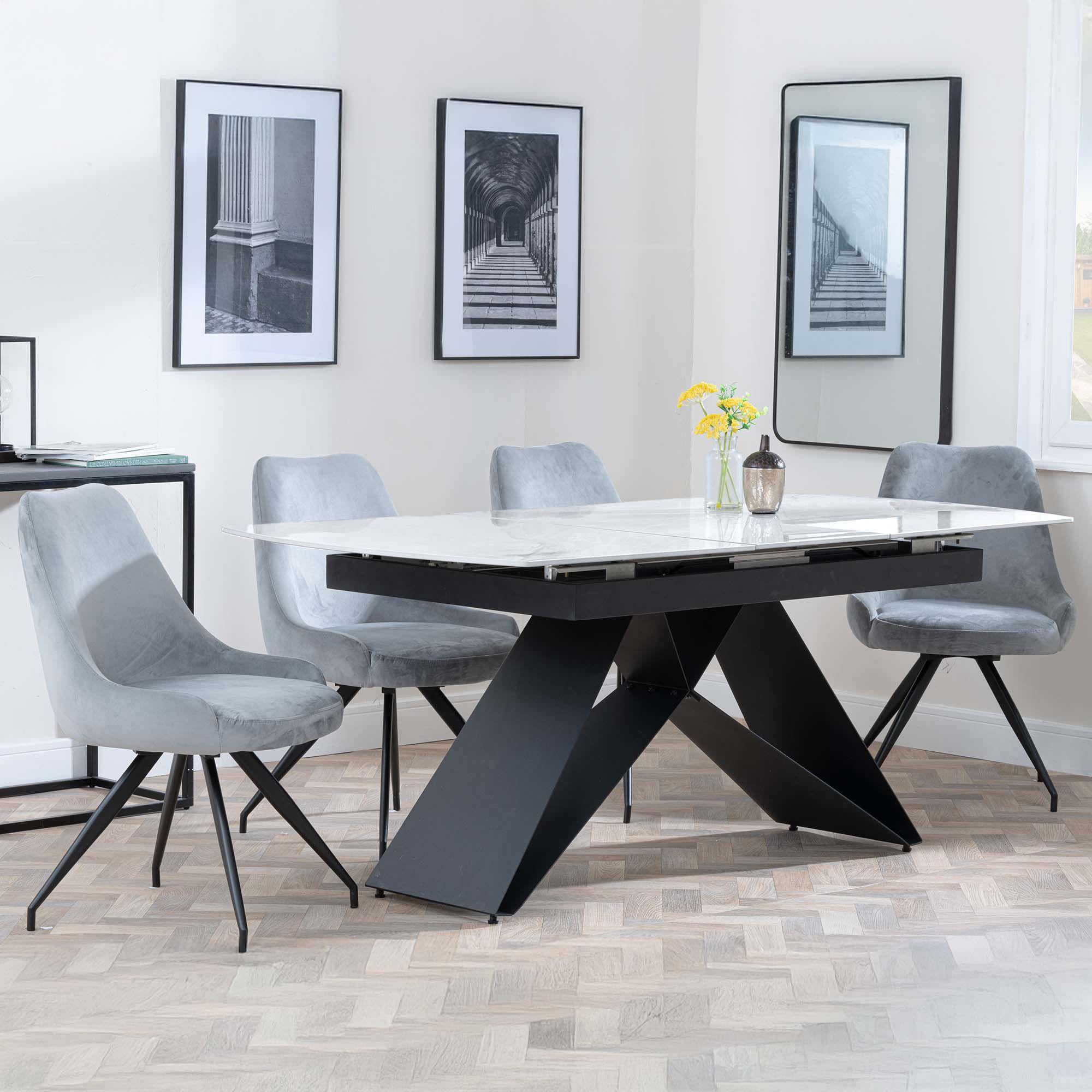 Westin White Ceramic Extending Dining Set - Arctic Grey Velvet Fabric Swivel Dining Chair