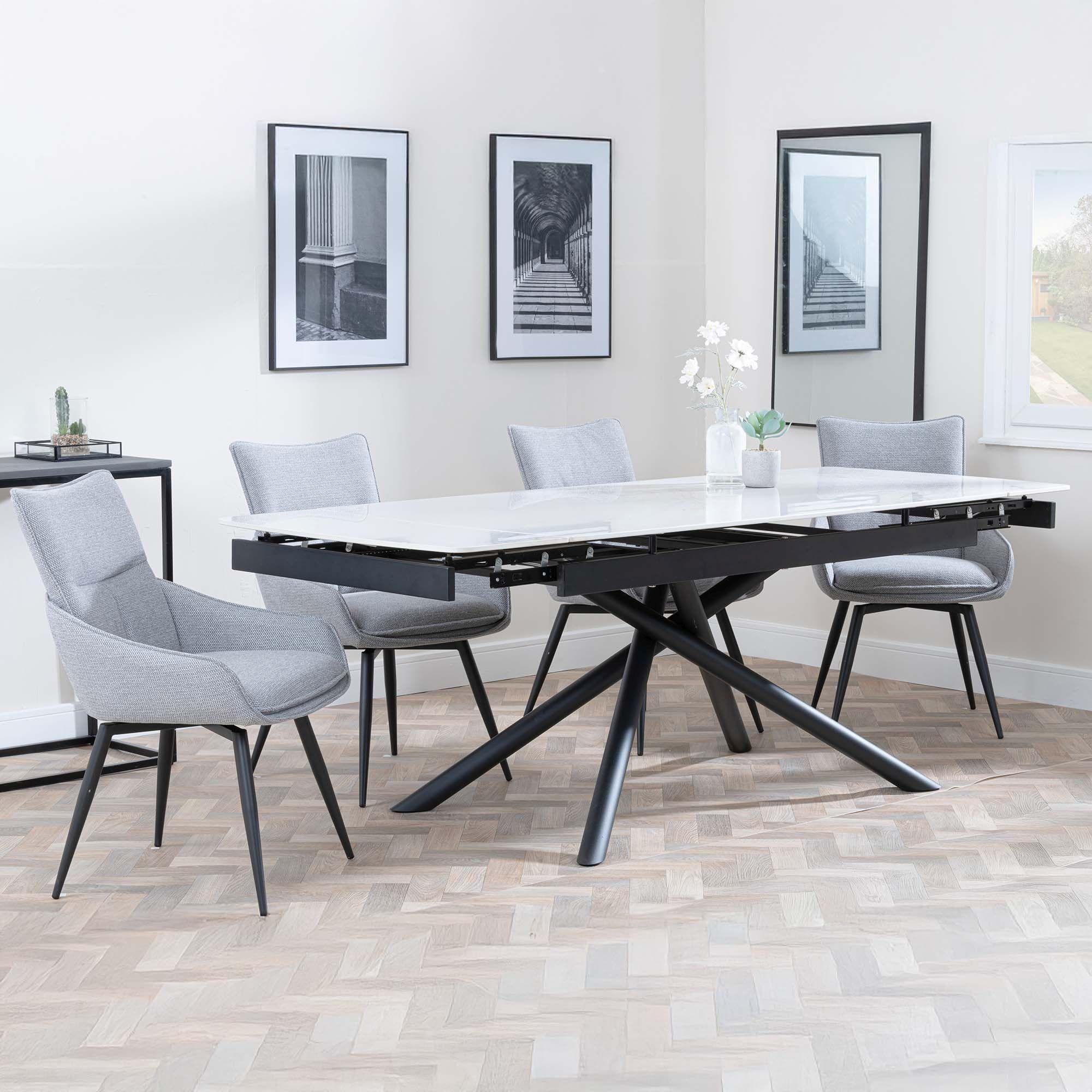 Apollo White Ceramic Extending Dining Set - Ace Grey Fabric Swivel Dining Chair