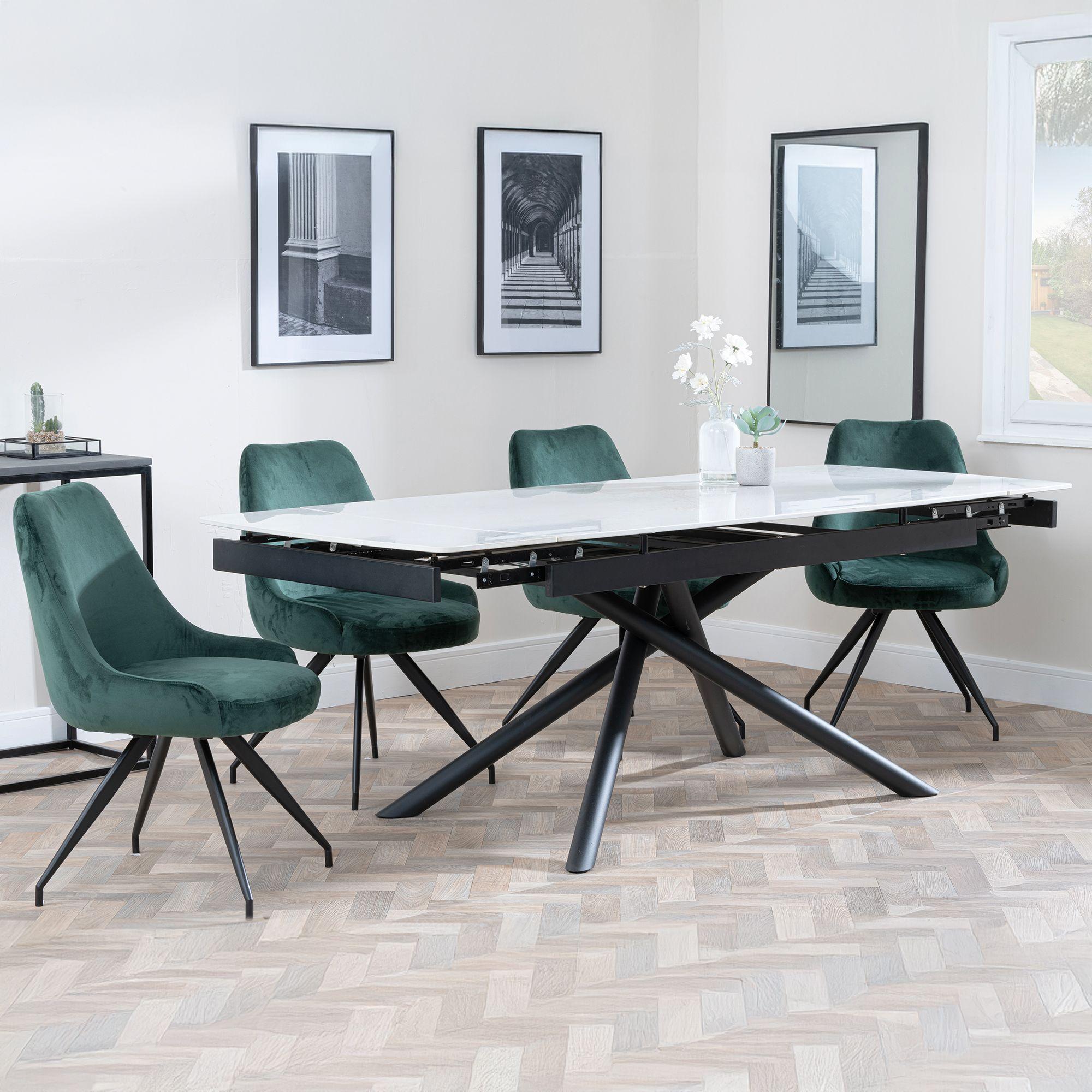 Apollo White Ceramic Extending Dining Set - Arctic Green Velvet Fabric Swivel Dining Chair