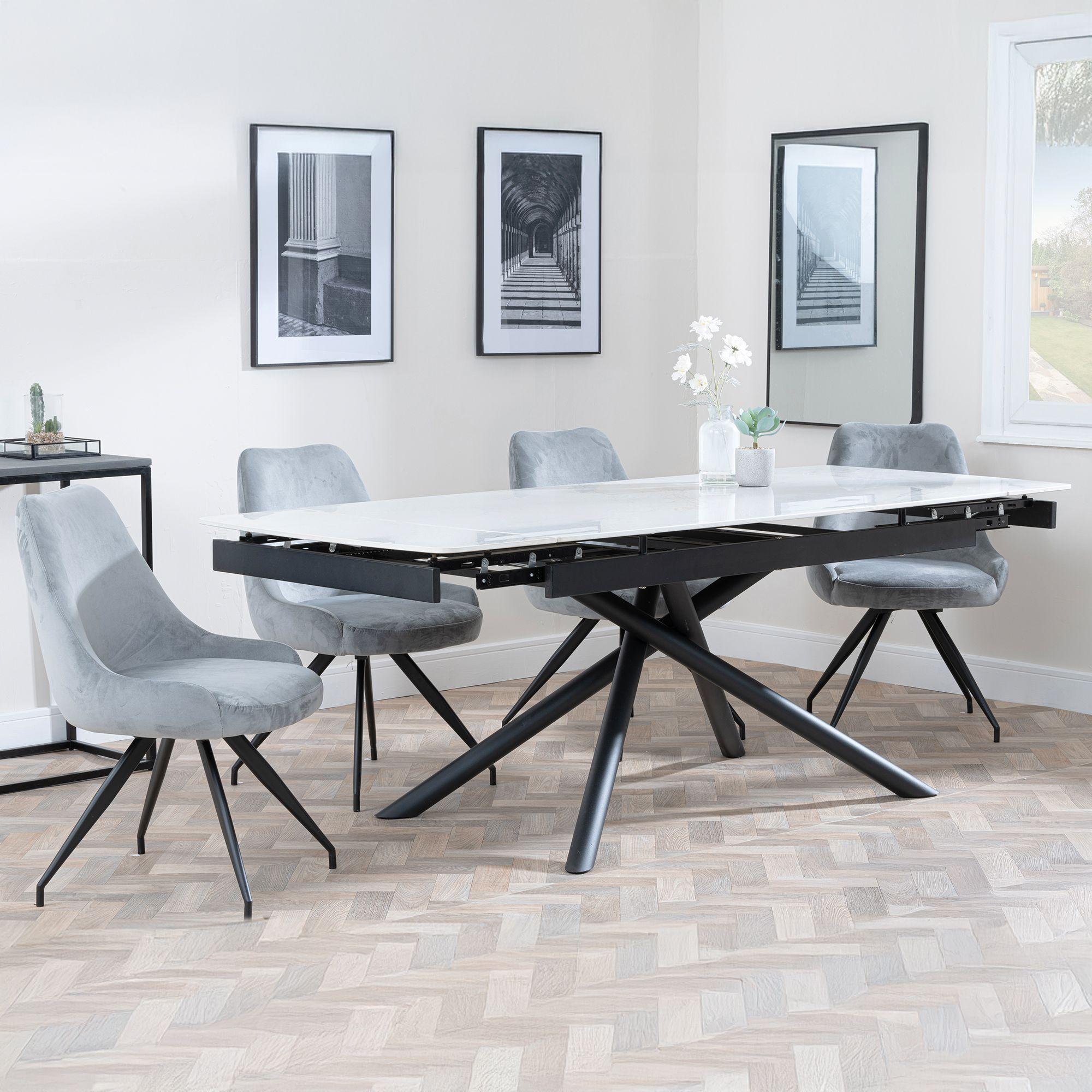 Apollo White Ceramic Extending Dining Set - Arctic Grey Velvet Fabric Swivel Dining Chair