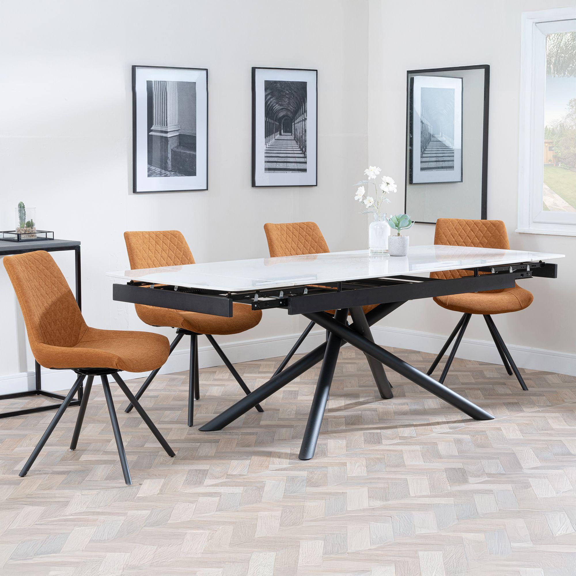 Apollo White Ceramic Extending Dining Set - Boden Orange Fabric Swivel Dining Chair