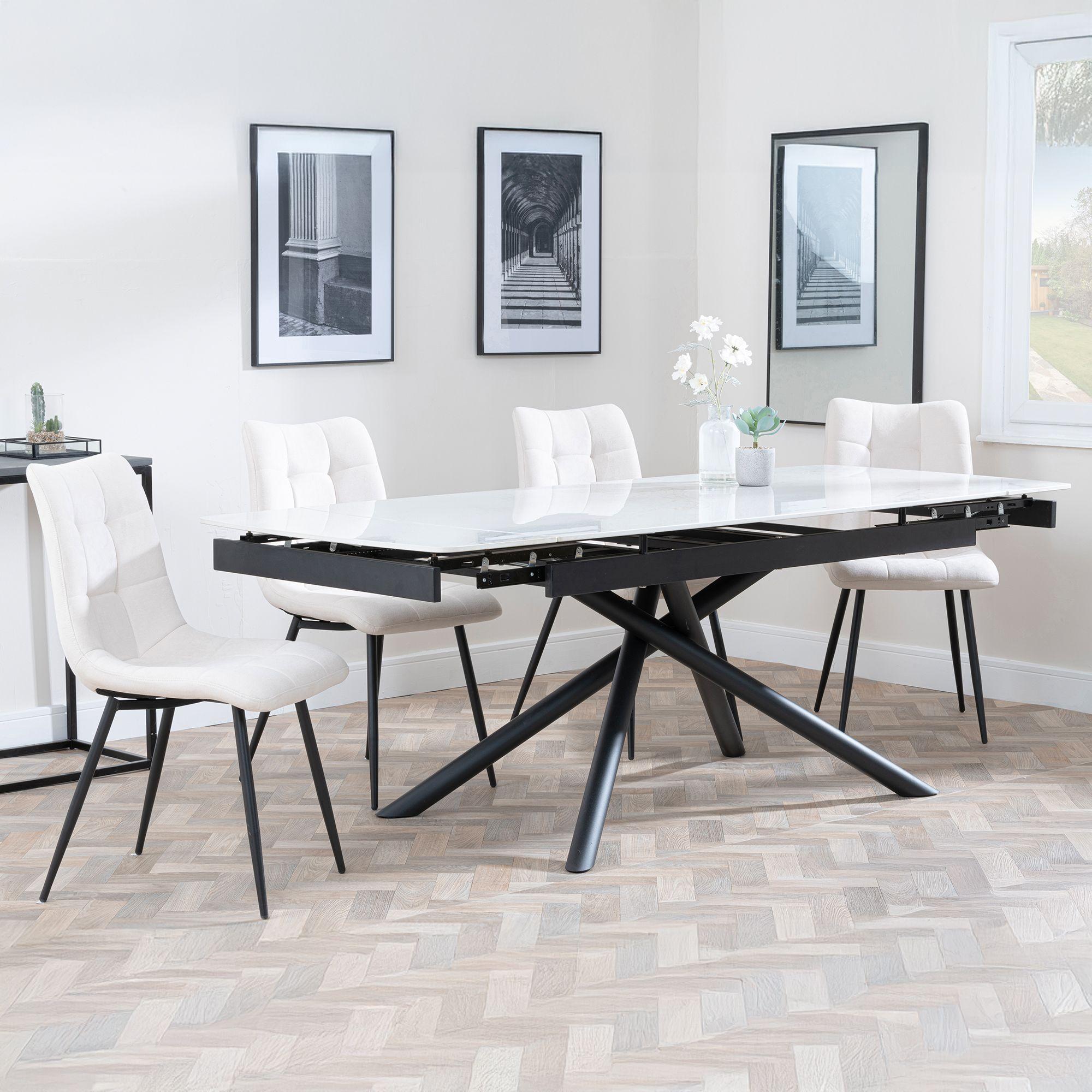 Apollo White Ceramic Extending Dining Set - Corona Beige Fabric Dining Chair