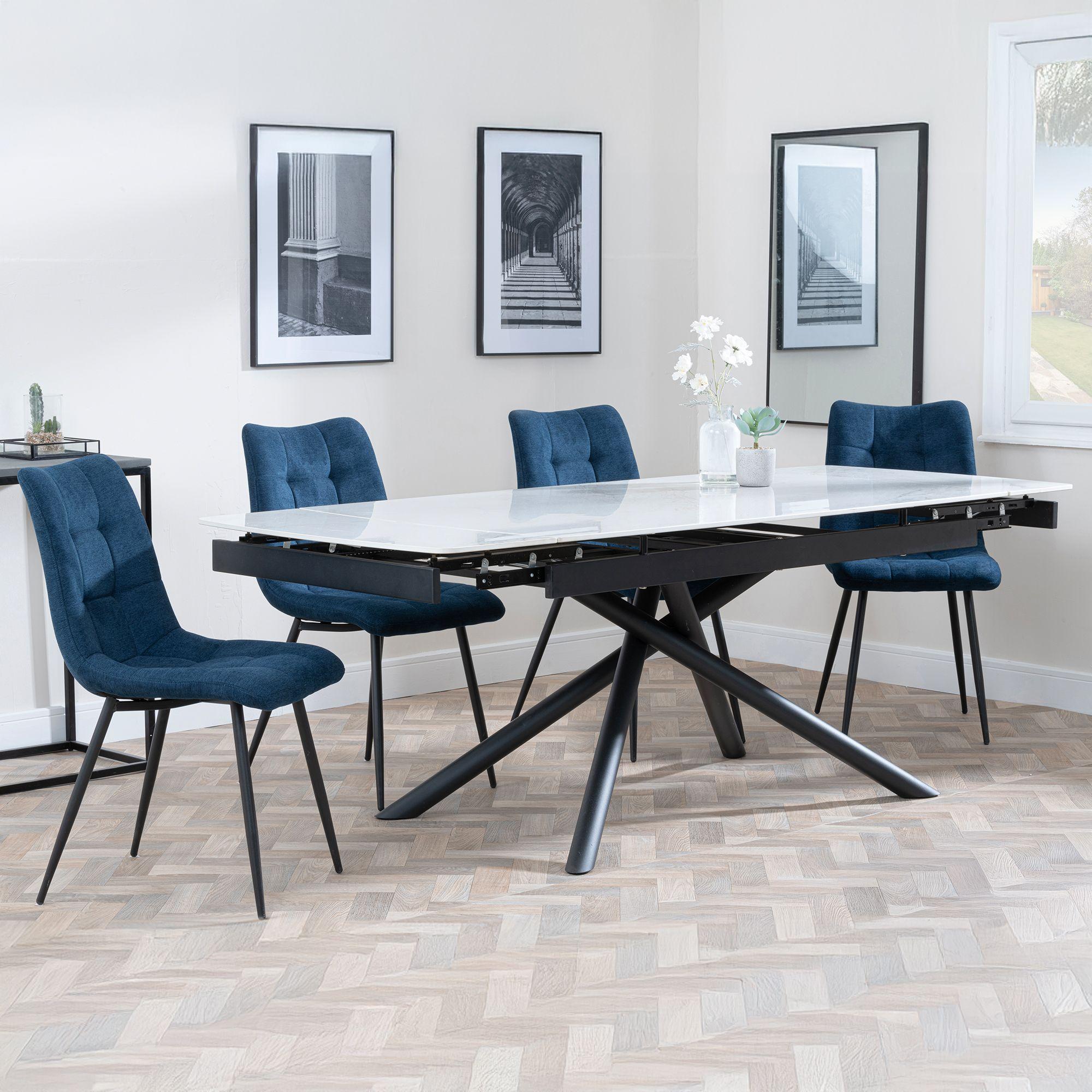 Apollo White Ceramic Extending Dining Set - Corona Blue Fabric Dining Chair