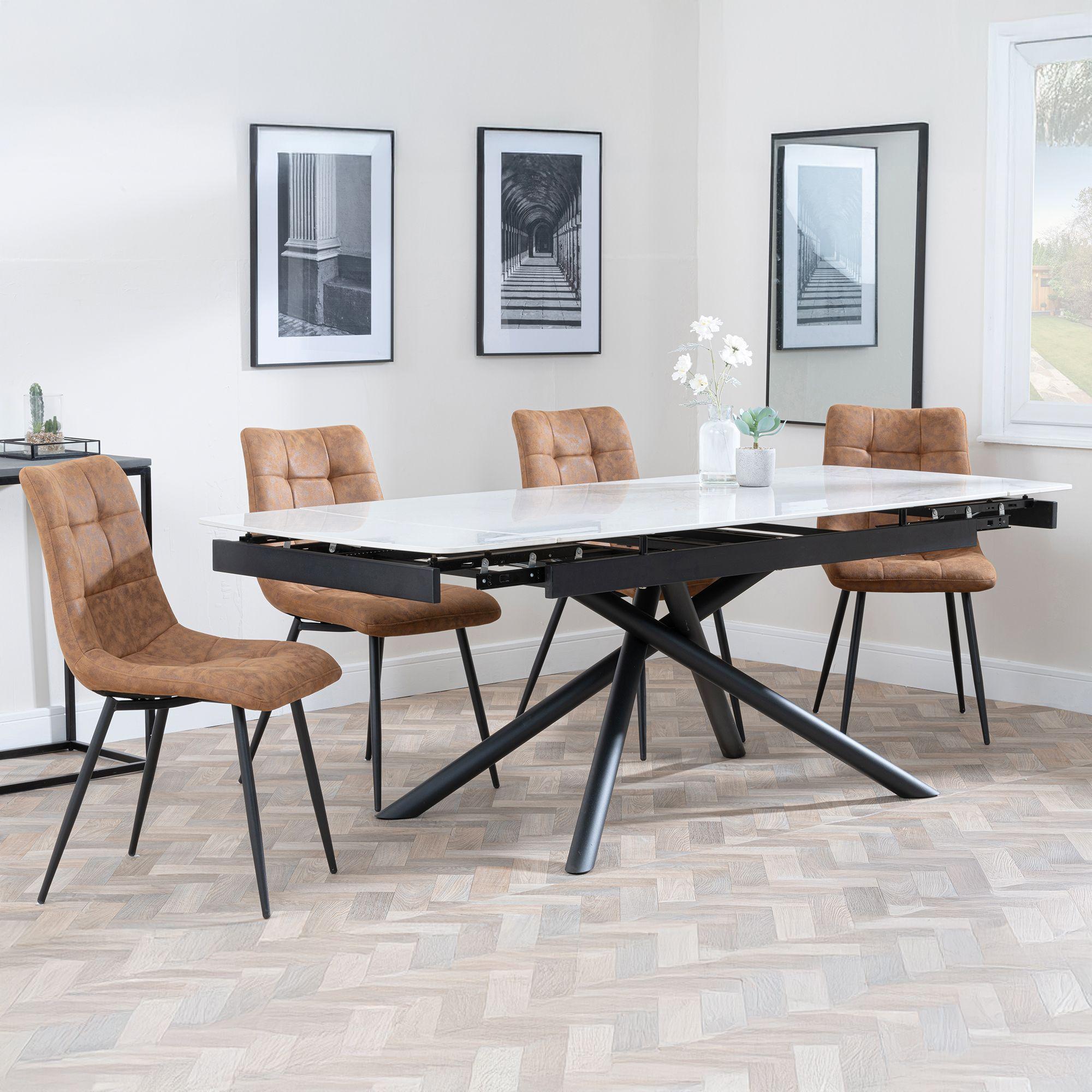 Apollo White Ceramic Extending Dining Set - Corona Brown Fabric Dining Chair