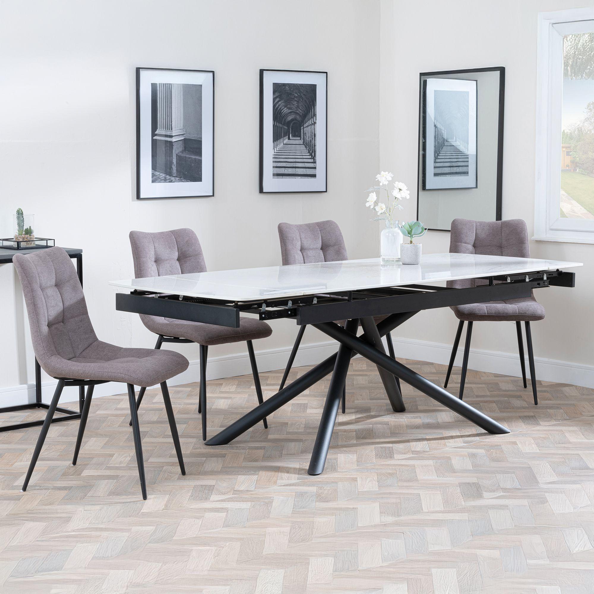 Apollo White Ceramic Extending Dining Set - Corona Camel Fabric Dining Chair