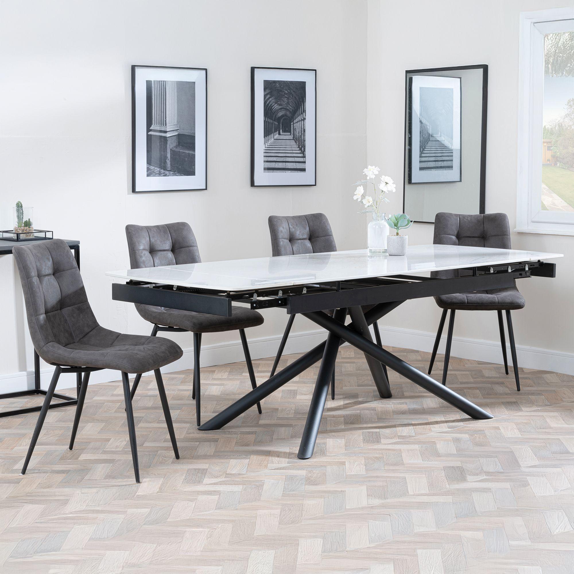 Apollo White Ceramic Extending Dining Set - Corona Grey Fabric Dining Chair