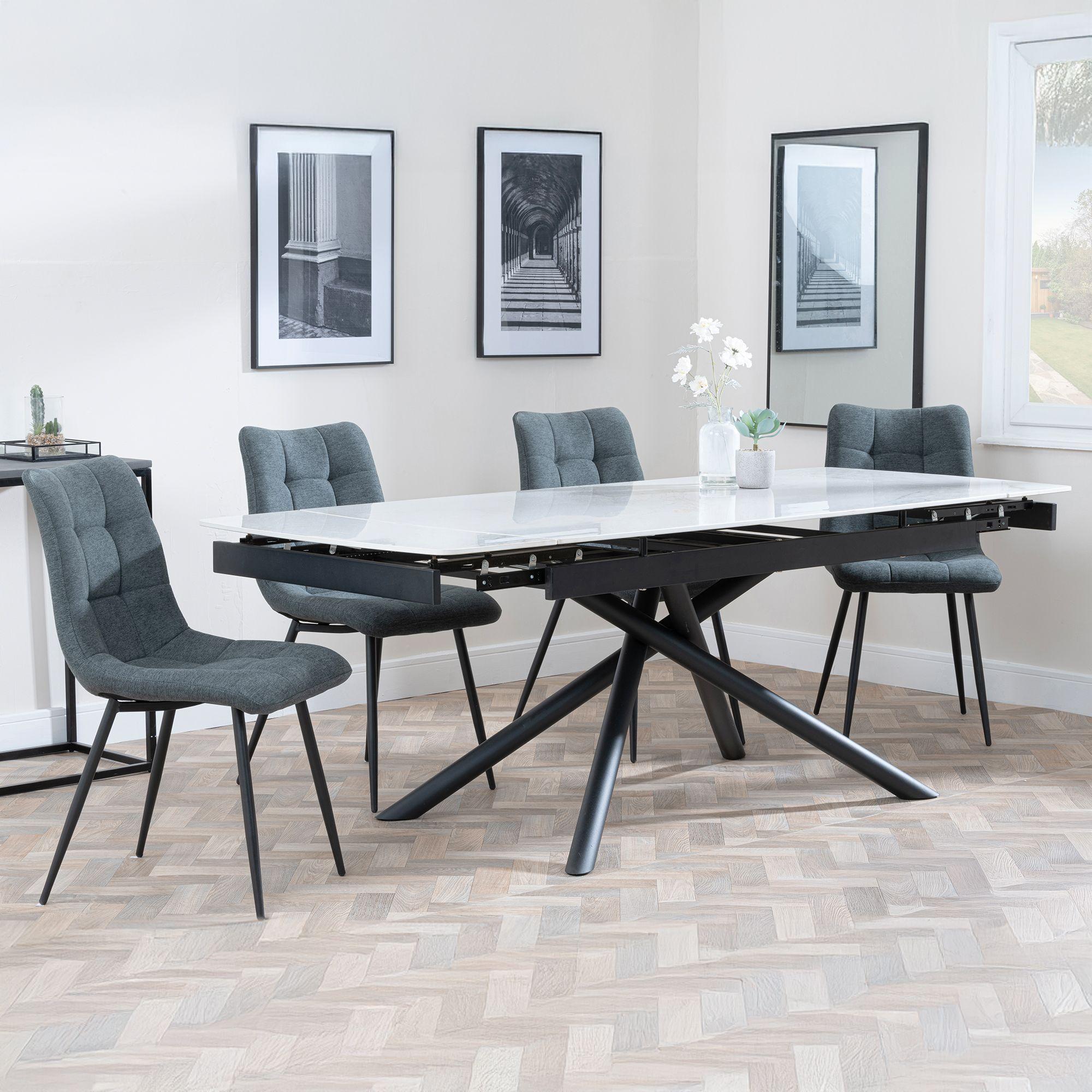 Apollo White Ceramic Extending Dining Set - Corona Light Grey Fabric Dining Chair
