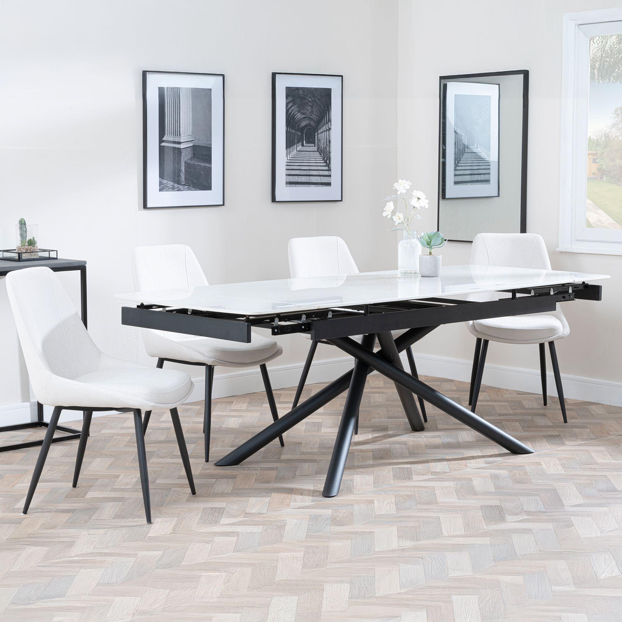 Apollo White Ceramic Extending Dining Set - Darwin Cream Fabric Dining Chair