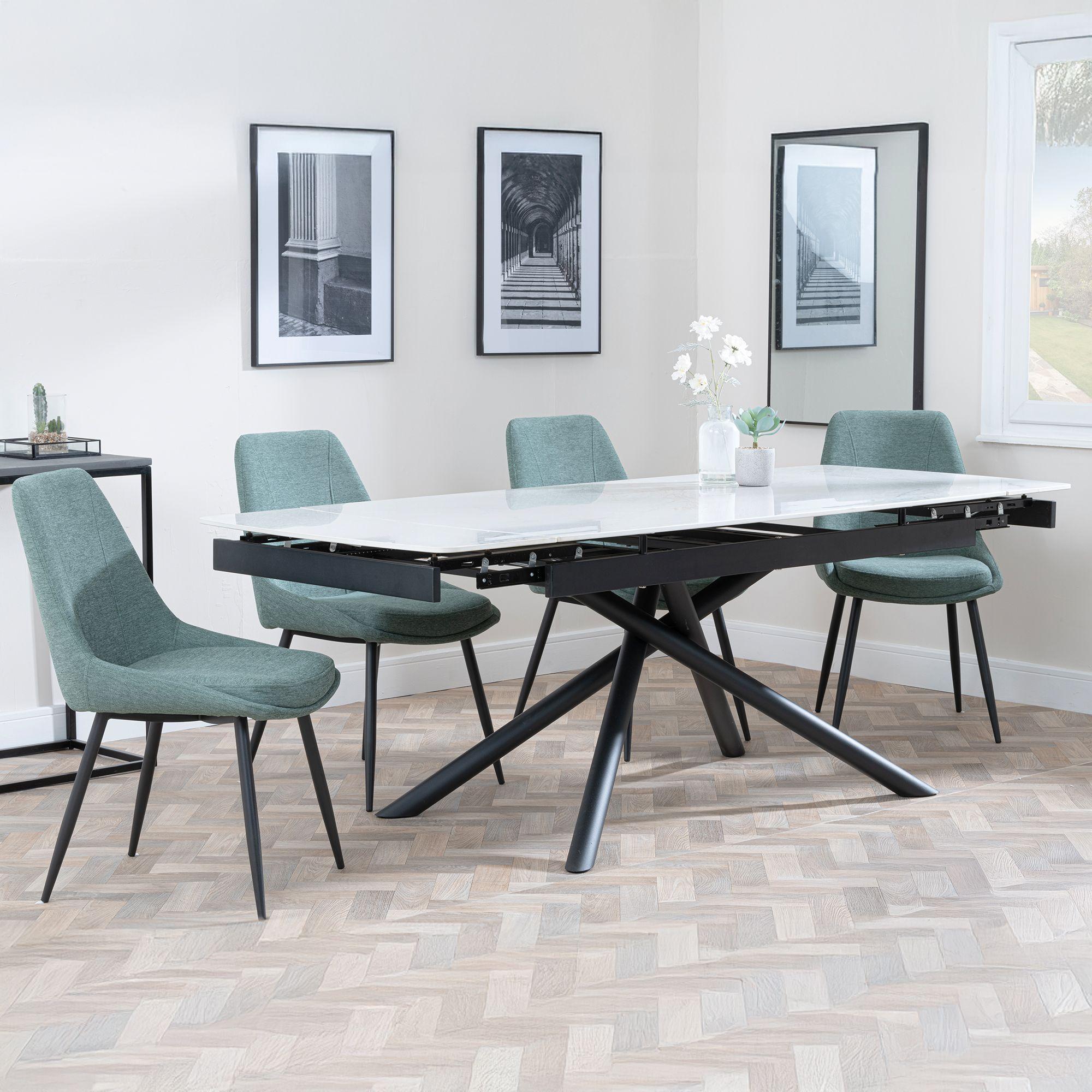 Apollo White Ceramic Extending Dining Set - Darwin Green Fabric Dining Chair