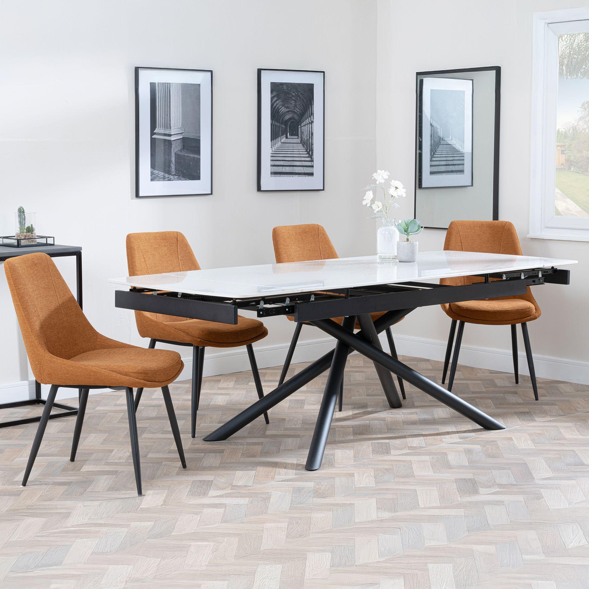 Apollo White Ceramic Extending Dining Set - Darwin Orange Fabric Dining Chair