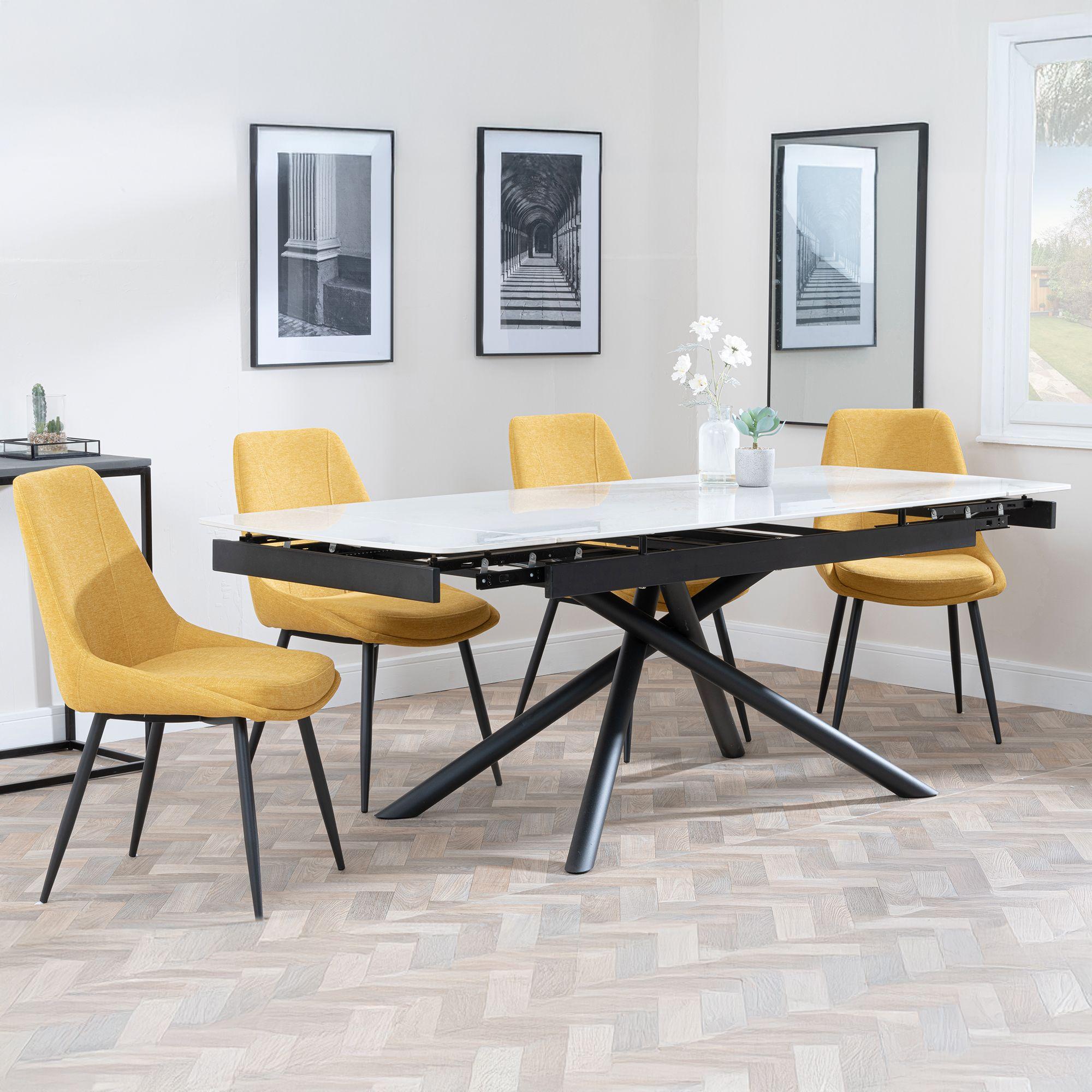Apollo White Ceramic Extending Dining Set - Darwin Yellow Fabric Dining Chair