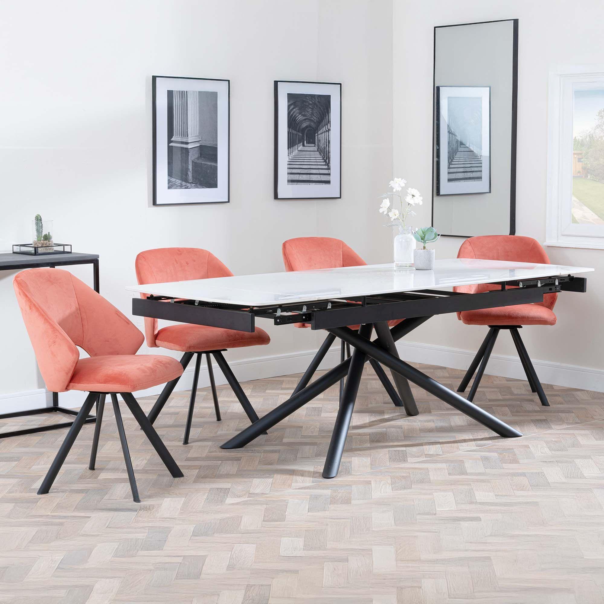Apollo White Ceramic Extending Dining Set - Ion Orange Velvet Fabric Swivel Dining Chair