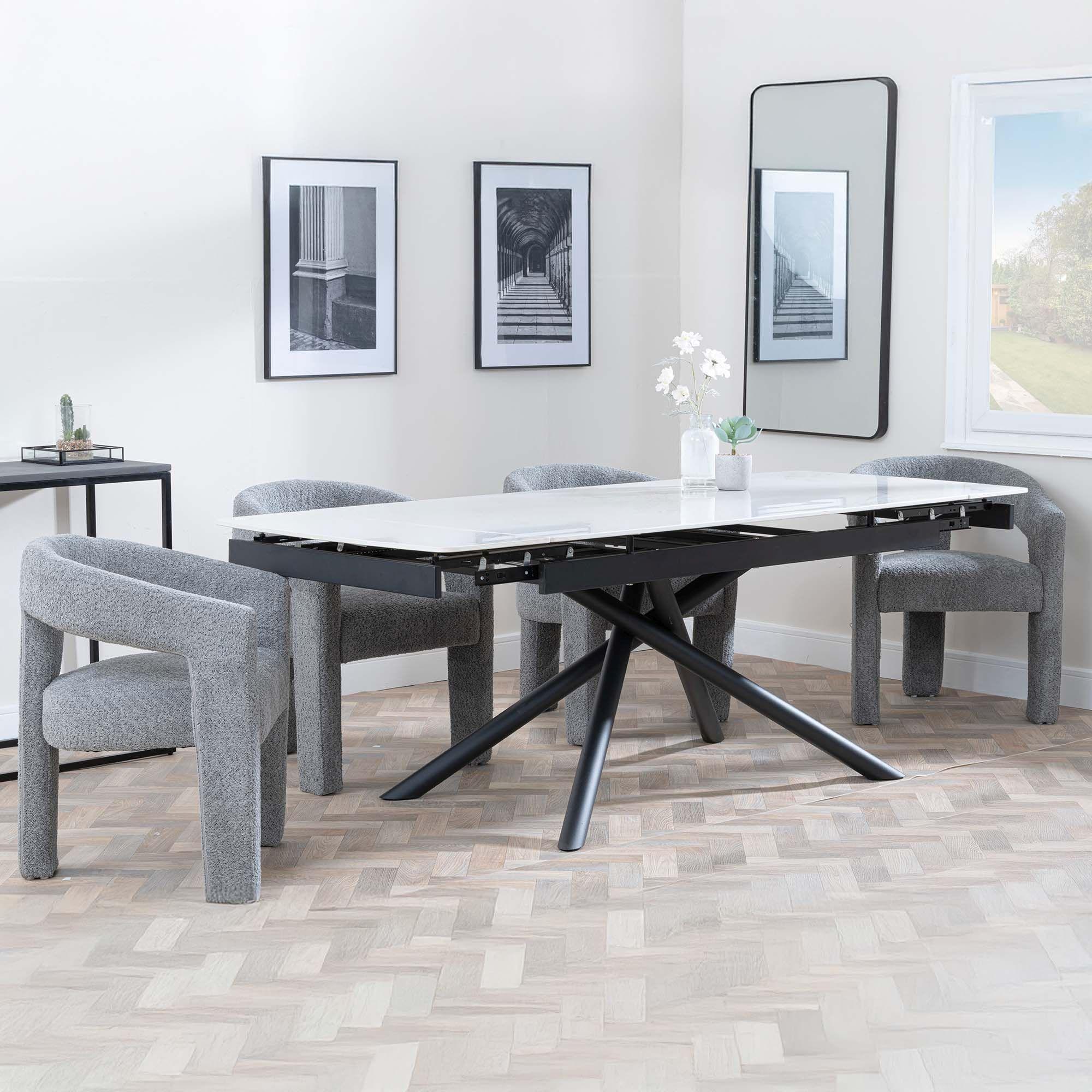 Apollo White Ceramic Extending Dining Set - Kiefer Grey Boucle Fabric Dining Chair