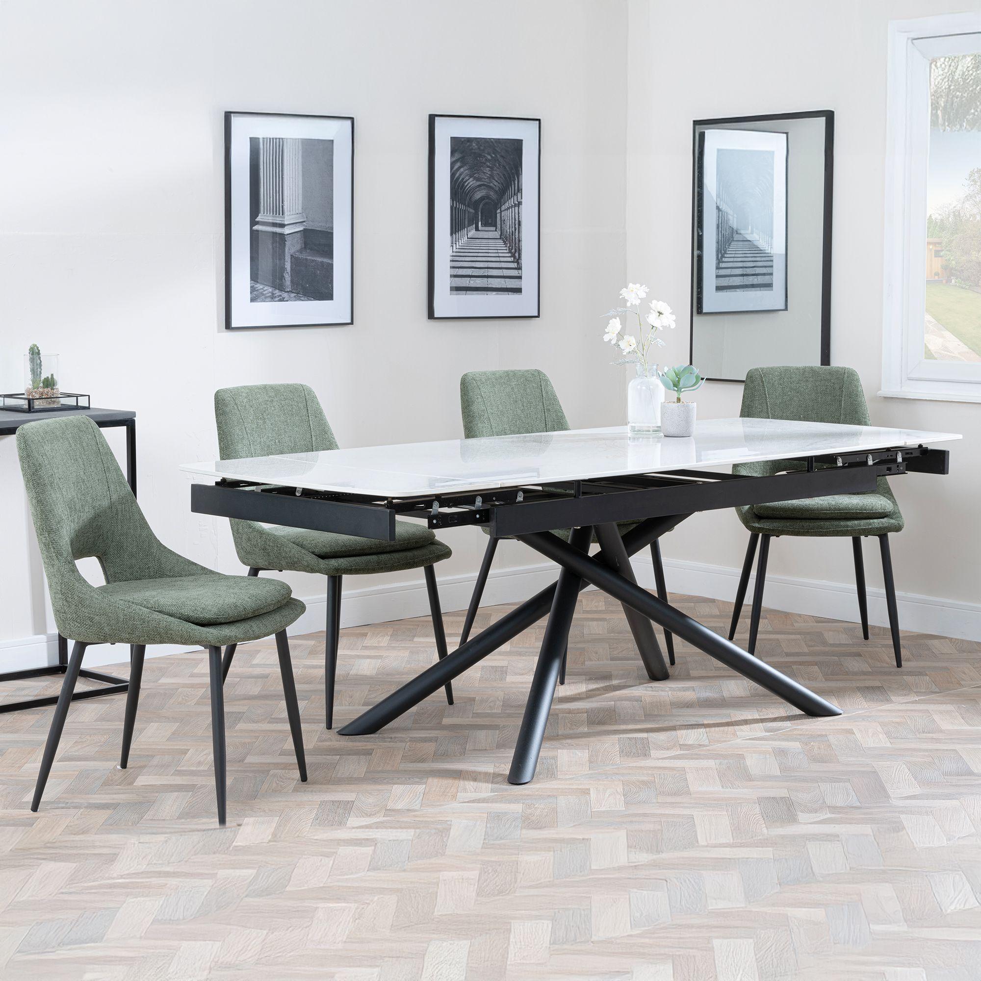 Apollo White Ceramic Extending Dining Set - Peyton Green Fabric Dining Chair