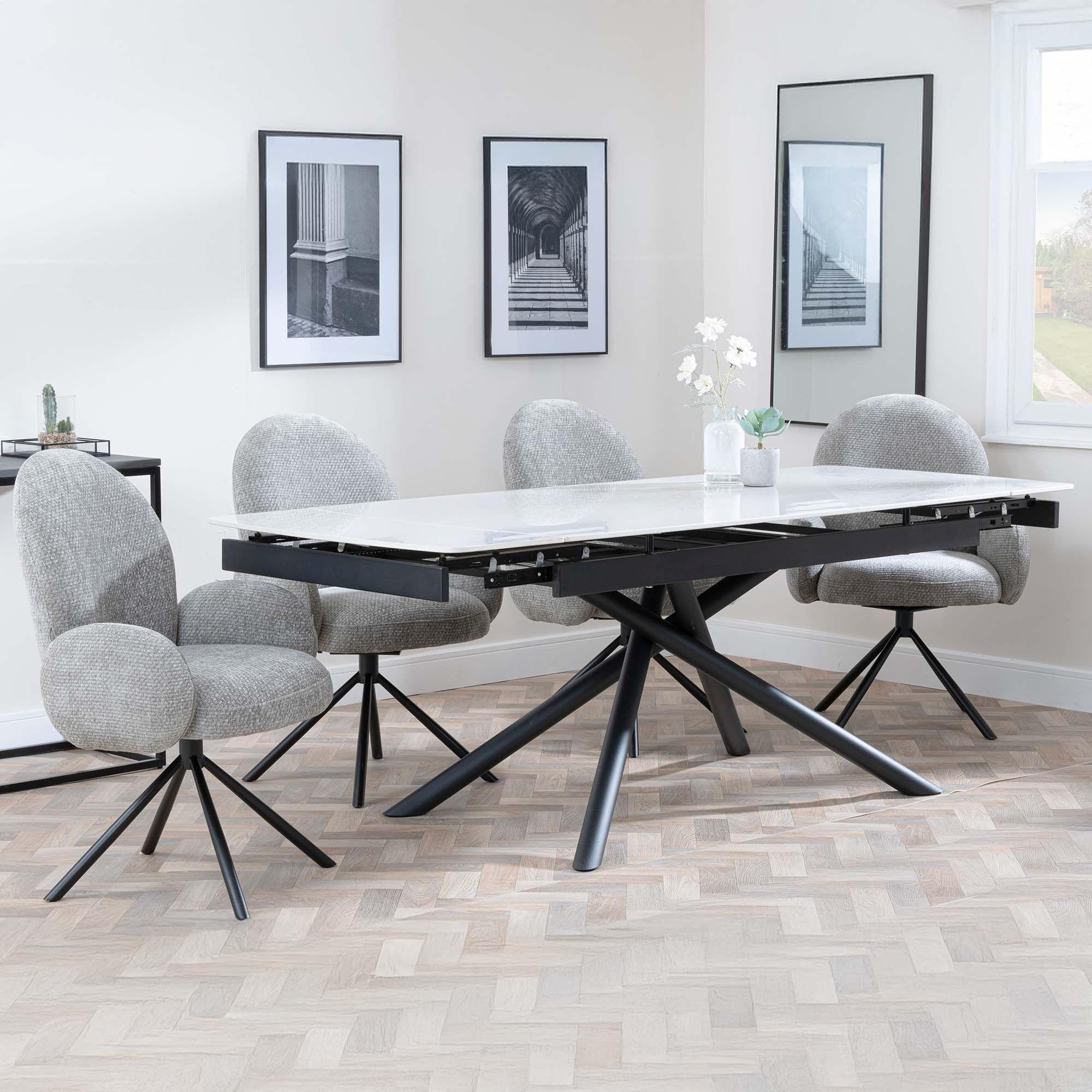 Apollo White Ceramic Extending Dining Set - Theo Dark Grey Fabric Swivel Dining Chair